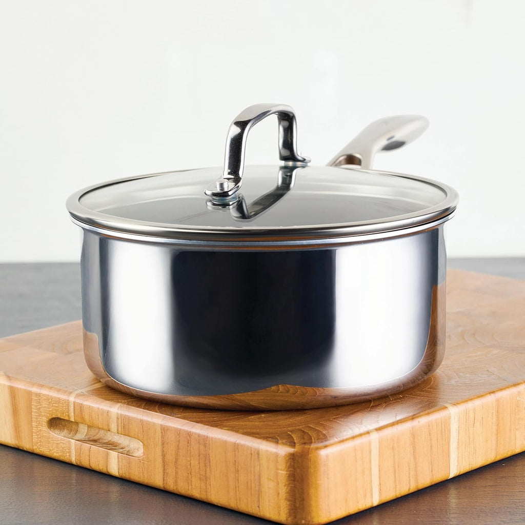 Circulon C1 Series Clad Stainless Steel with ScratchDefense Technology Cookware Nonstick Induction Saucepan with Lid, Metal Utensil Safe, 3 Quart - Polished Stainless Steel