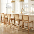 RIVOVA 26.5" Rattan Bar Stools Set of 4 Modern Linen Fabric Upholstered Counter Height Bar Stools, Kitchen Island Barstools with Rattan Back, Natural Finish Wood Legs Bar Chairs, Beige