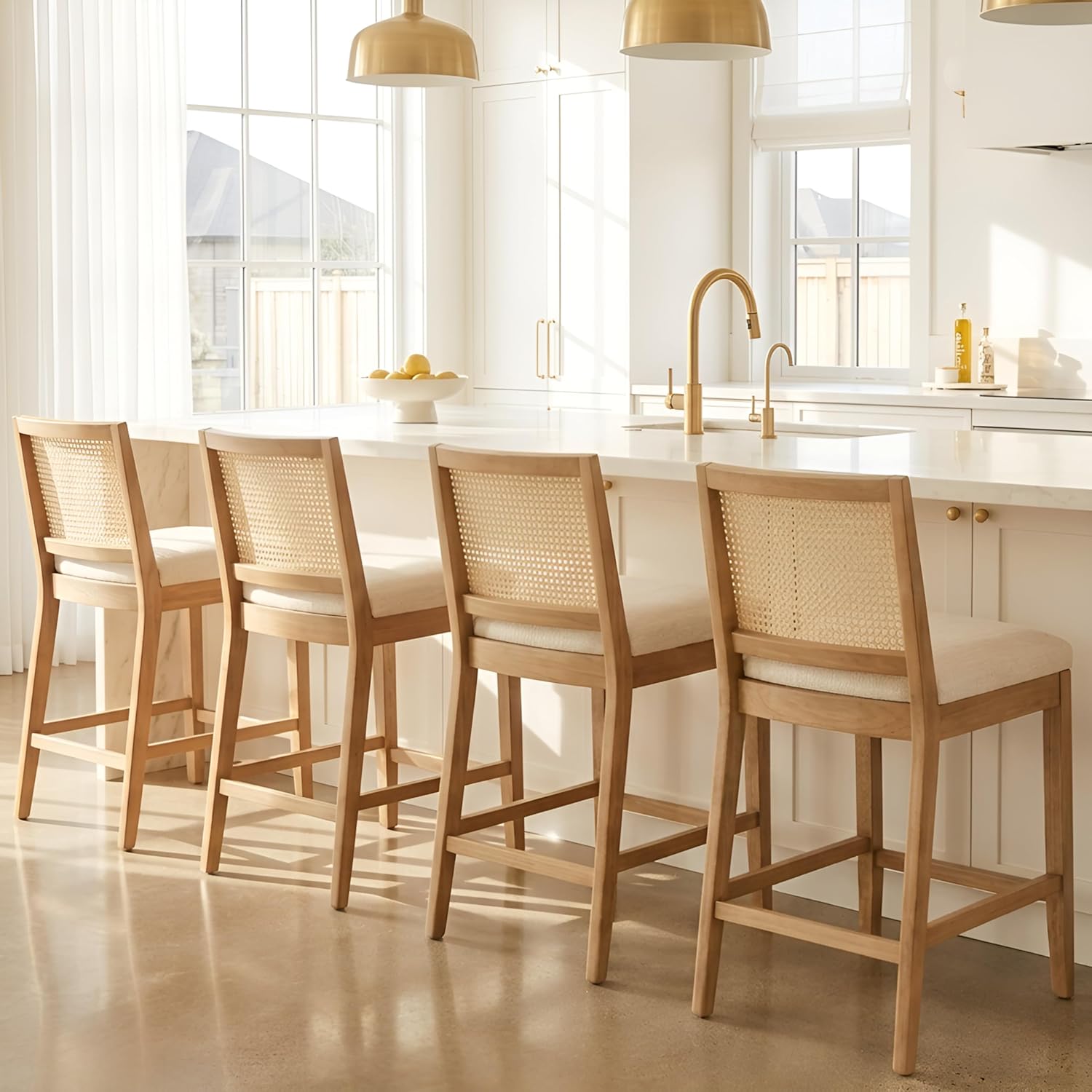 RIVOVA 26.5" Rattan Bar Stools Set of 4 Modern Linen Fabric Upholstered Counter Height Bar Stools, Kitchen Island Barstools with Rattan Back, Natural Finish Wood Legs Bar Chairs, Beige
