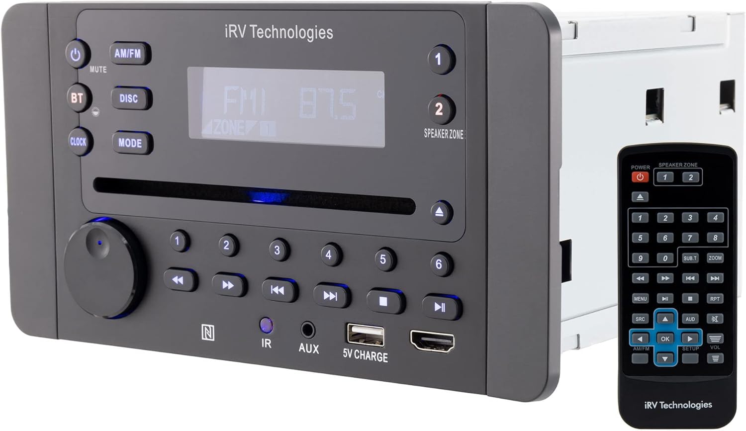 IRV Technology iRV62 Wallmount RV Stereo with Bluetooth HDMI ARC, App Control, FM|AM|DVD|CD|MP4|App, NFC, USB Charging, Digital Surround Sound, Clock, 2-Speaker Zone, CEC Support