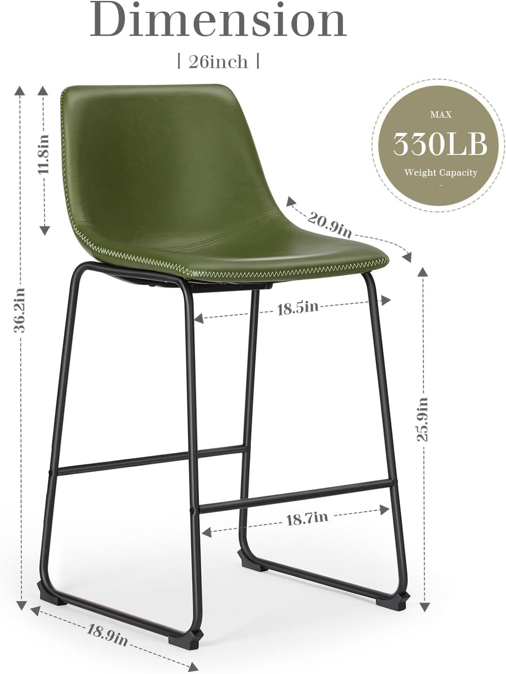 DUMOS Bar Stools Set of 4, 26 Inch Counter Height Faux Leather Barstools with Back, Modern Metal Leg Bar Chairs for Kitchen Island, Dining Pub Table, Home Bar, Green