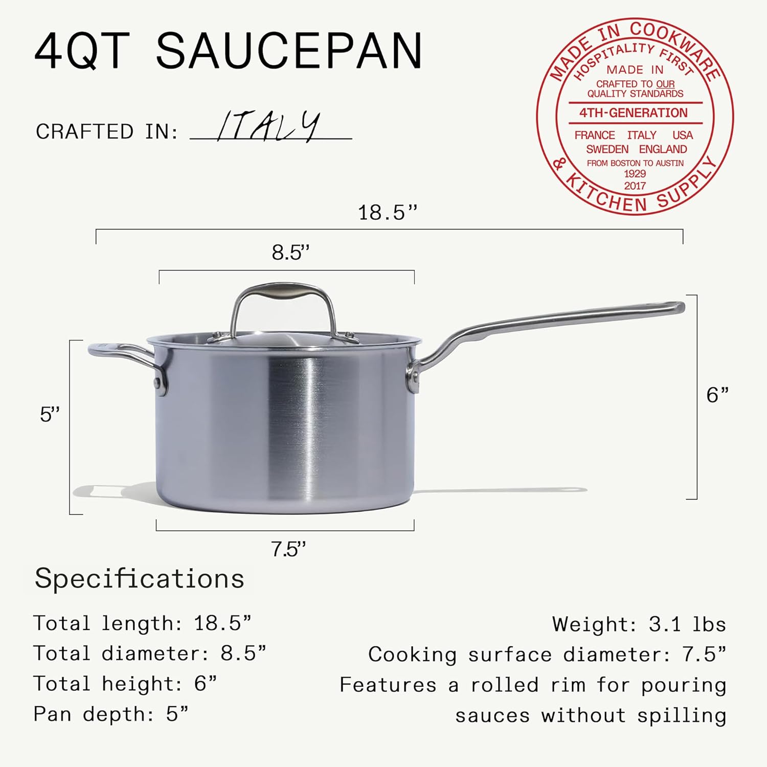 Made In Cookware | 4 Quart Stainless Steel Saucepan with Lid | 5 Ply Stainless Clad Sauce Pan | Professional Cookware | Crafted in Italy | Induction Compatible