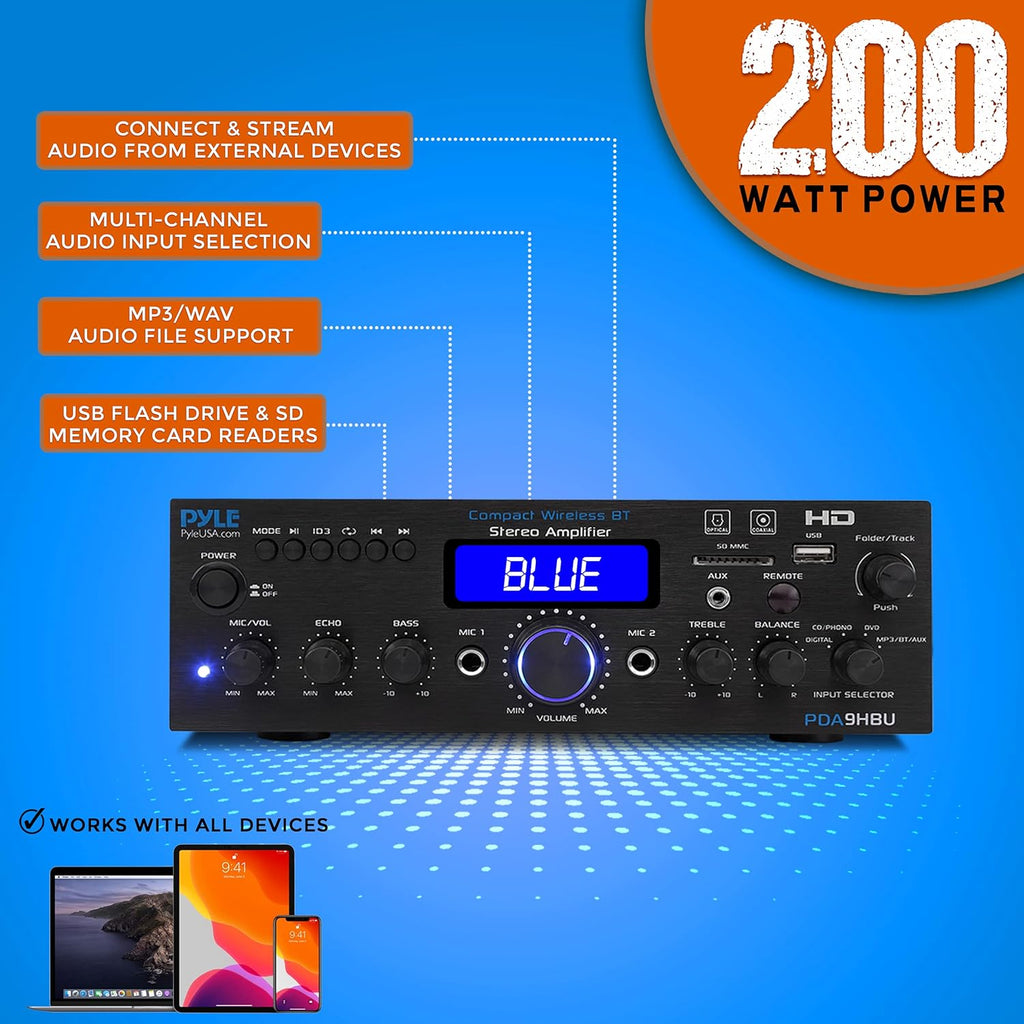 Pyle Wireless Bluetooth Home Stereo Amplifier - Multi-Channel 200 Watt Power Amplifier Home Audio Receiver System w/HDMI, Optical/Phono/Coaxial, FM Radio, USB/SD, AUX, RCA, Mic - Remote -PDA9HBU.5