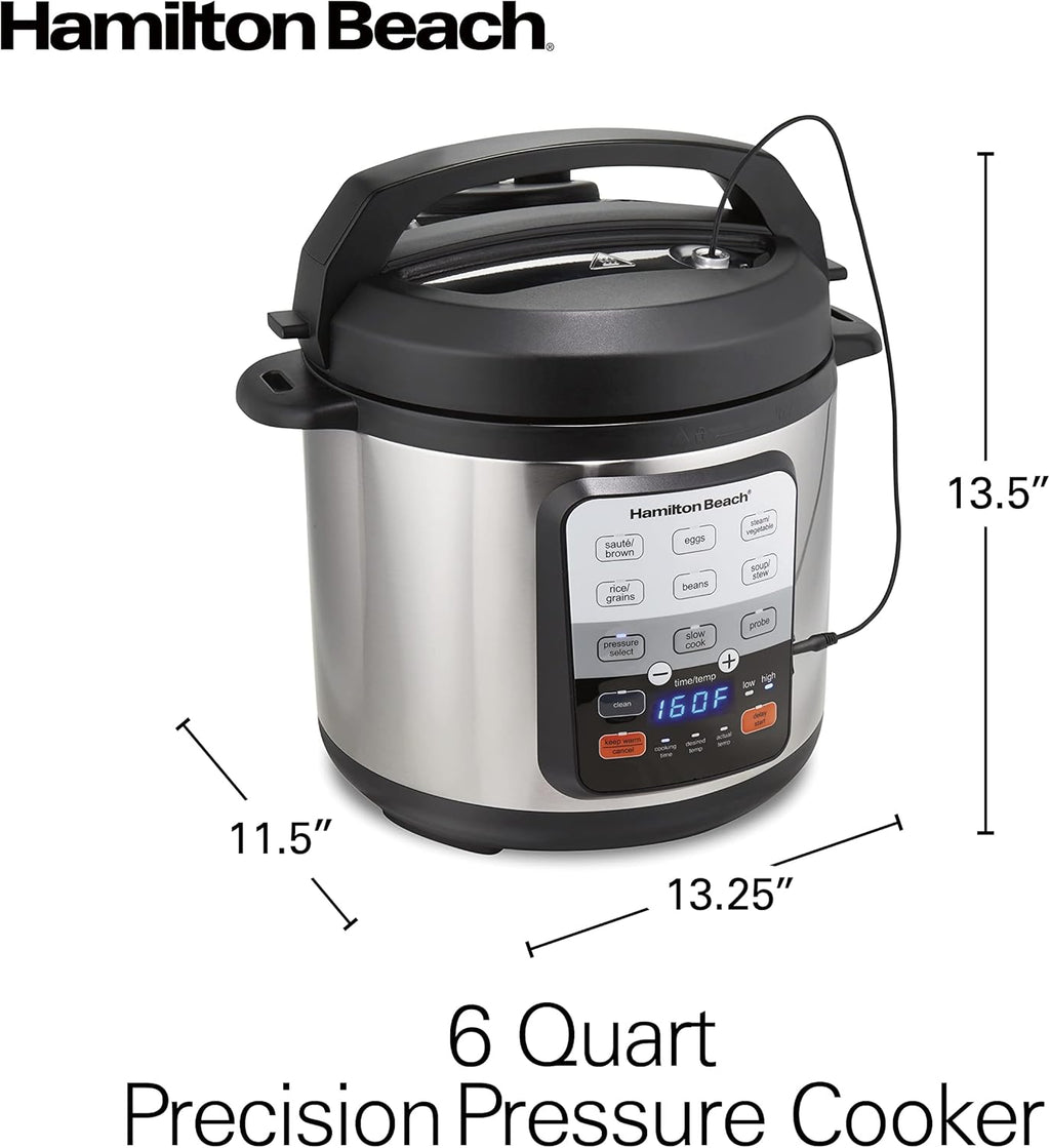 Hamilton Beach 6-in-1 Electric Pressure Cooker with Temperature Probe, Slow Cooks, Sautés, Browns, Steams, Rice Function, Egg and More, 6 Quart Capacity, Stainless Steel (34506)
