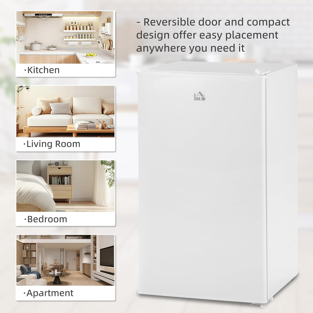 HOMCOM 3.2 Cu.Ft Mini Fridge with Freezer, Compact Refrigerator with Adjustable Thermostat, Shelf and Single Reversible Door for Bedroom, Dorm, Home Office, Energy Efficient, White