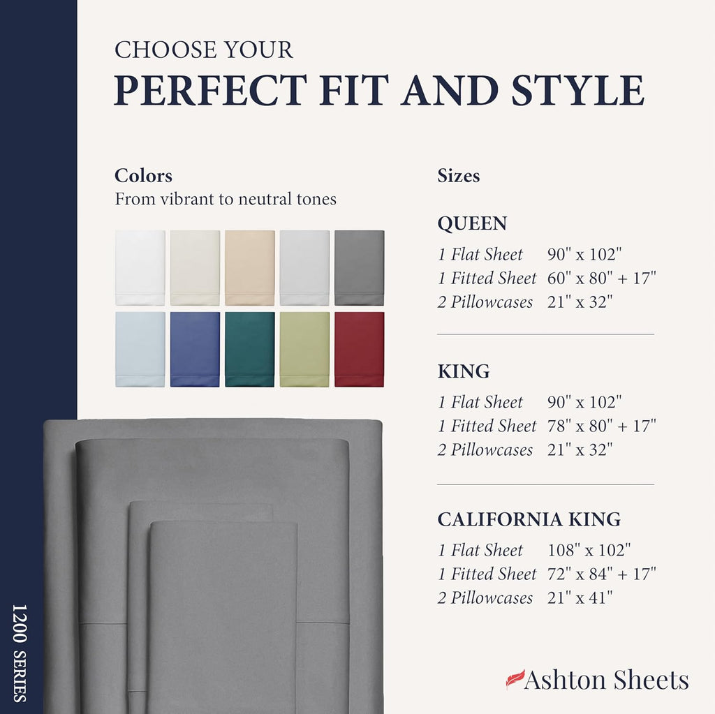 100% Egyptian Cotton King Size Sheets Set - Luxury 1200 Series Signature Collection Egyptian Cotton Sheet (4 PC, Dark Grey), Soft Cooling, Sateen Weave, 17" Deep Pocket Hotel Bed Set