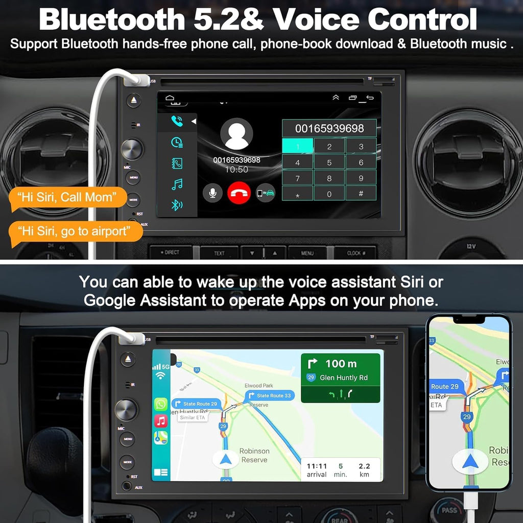 Double Din Car Stereo with Carplay & Android Auto, Adapter-Universe 7 Inch Car Radio with CD/DVD Player Support Back up Camera, Bluetooth & Voice Control, Mirror Link, Subwoofer, SWC, Subwoofer, AM/FM