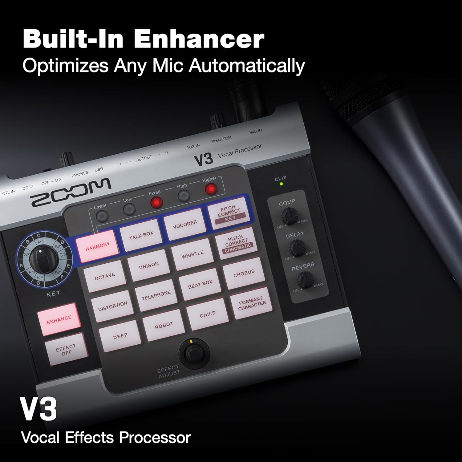 Zoom V3 Vocal Processor for Streaming & Live Performance with Harmony, Pitch Correction, Reverb & Delay, 16 Studio Effects, Battery Powered