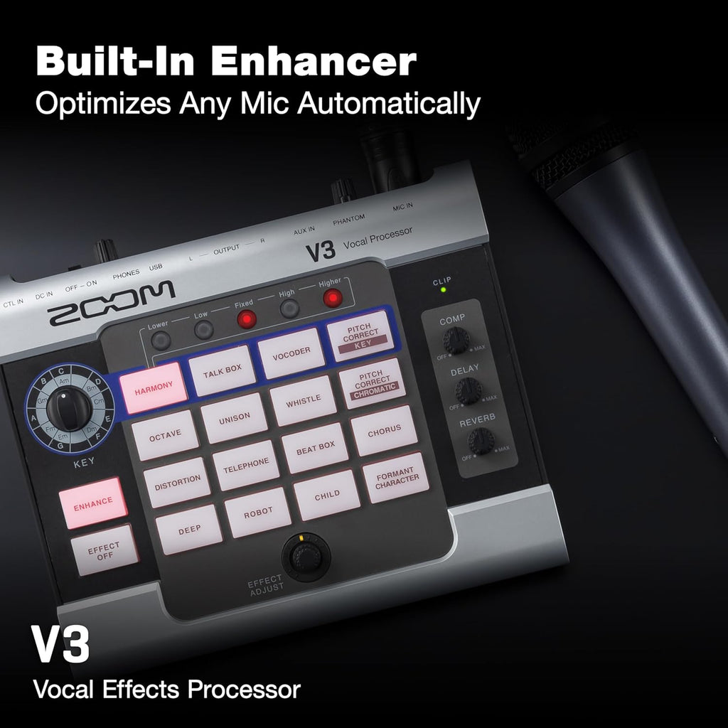 Zoom V3 Vocal Processor for Streaming & Live Performance with Harmony, Pitch Correction, Reverb & Delay, 16 Studio Effects, Battery Powered