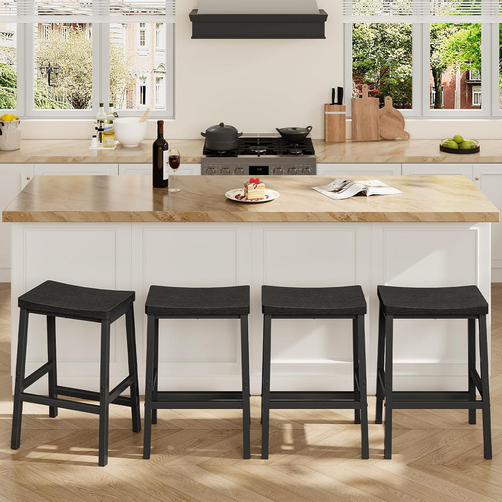HOOBRO Bar Stools Set of 4, Counter Height Bar Stools, 23.6'' Bar Chairs, Saddle Stools with Footrests, Industrial Barstools for Dining Room, Kitchen, Bar, Black BB02MDP401
