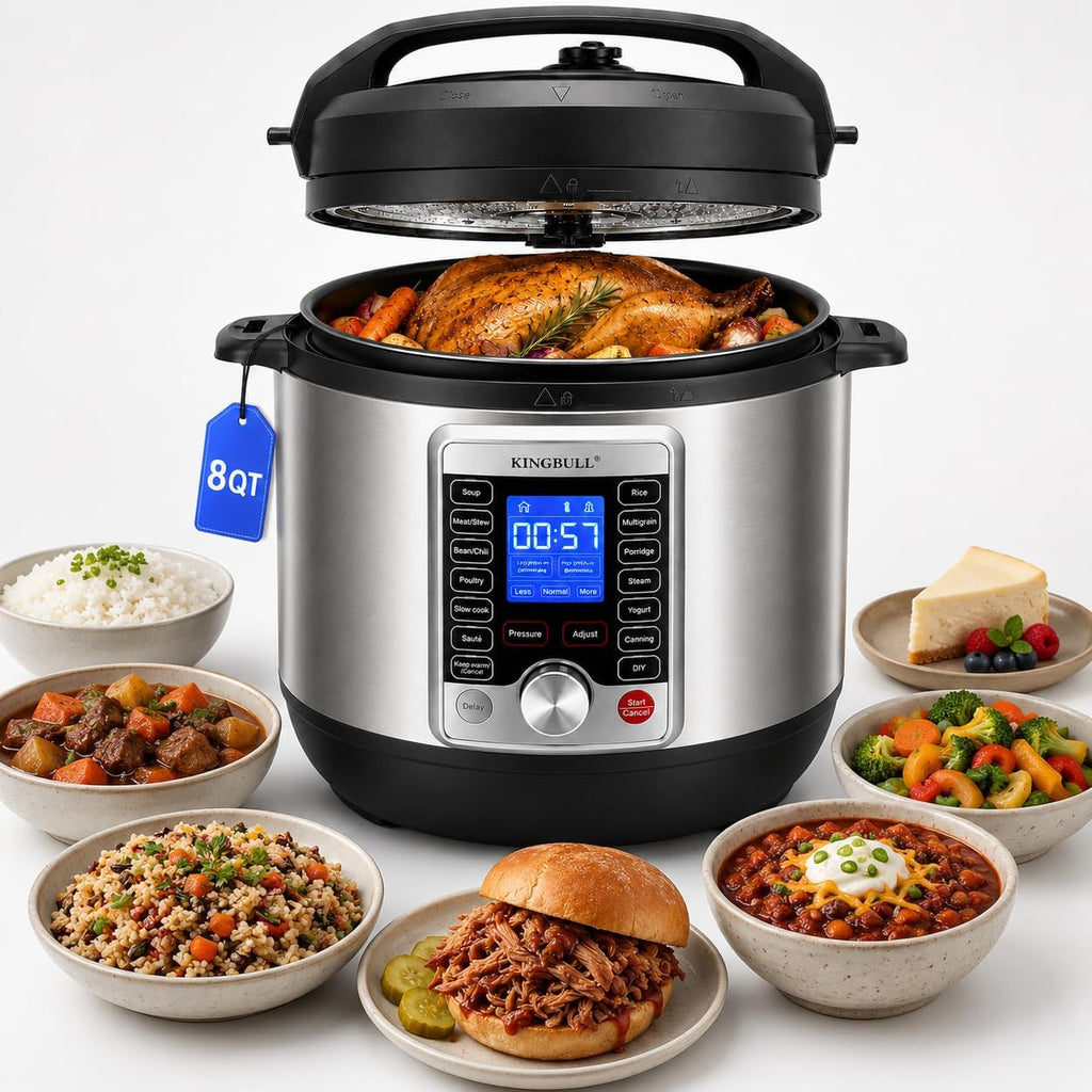 KINGBULL 14-in-1 Electric Pressure Cooker 8 Quart, Stainless Steel Multi Cooker with LCD Display and Knob Control, Slow Cooker, Rice Cooker, Steamer, Sauté, Yogurt Maker, Warmer, DIY Mode