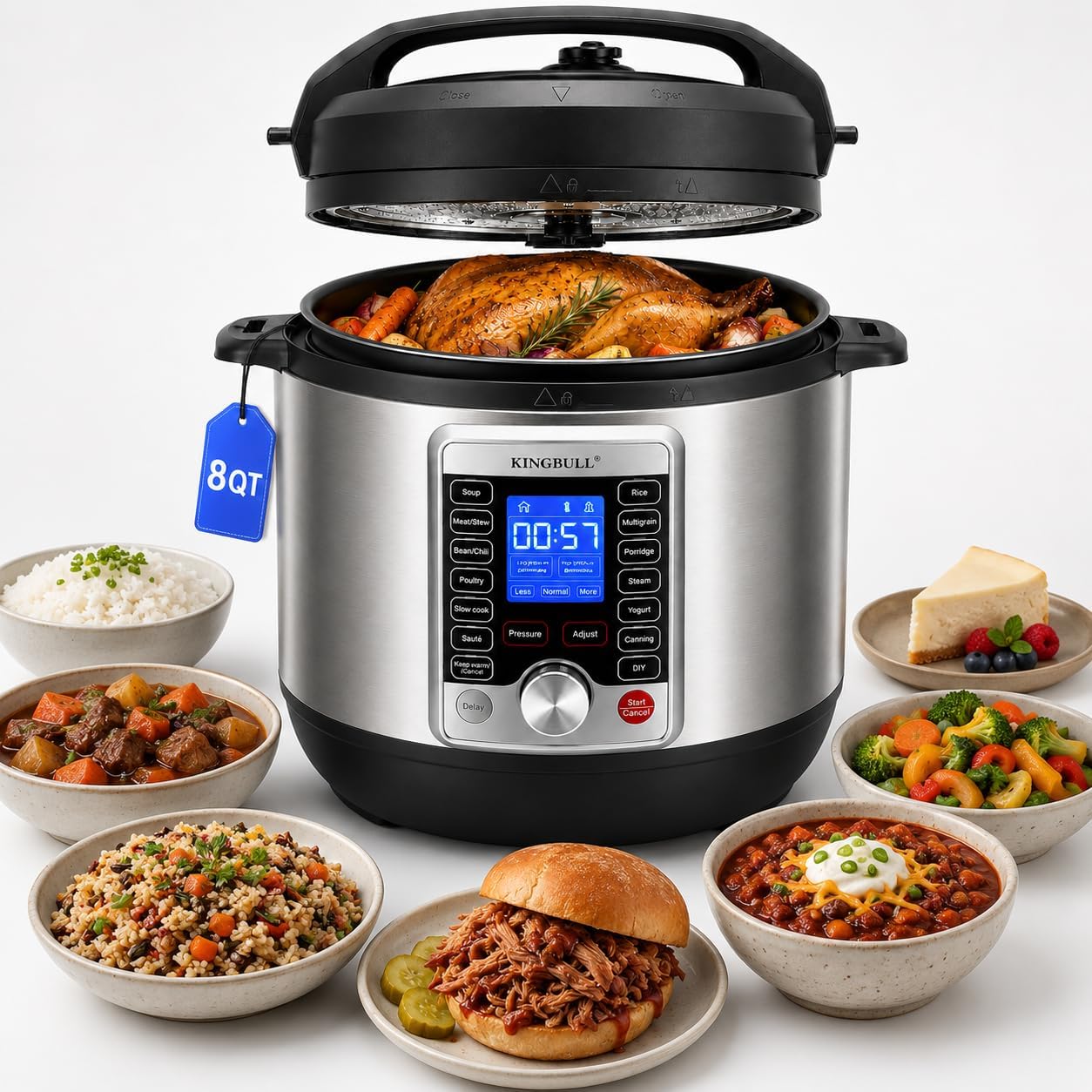 KINGBULL 14-in-1 Electric Pressure Cooker 8 Quart, Stainless Steel Multi Cooker with LCD Display and Knob Control, Slow Cooker, Rice Cooker, Steamer, Sauté, Yogurt Maker, Warmer, DIY Mode