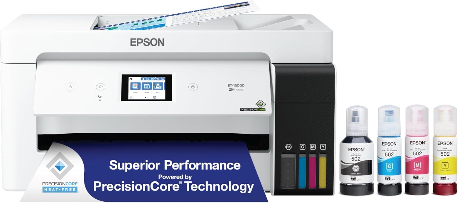 Epson EcoTank ET-15000 Wireless Color All-in-One Supertank Printer & 522 EcoTank Ink Ultra-high Capacity Bottle Cyan (T522220-S)