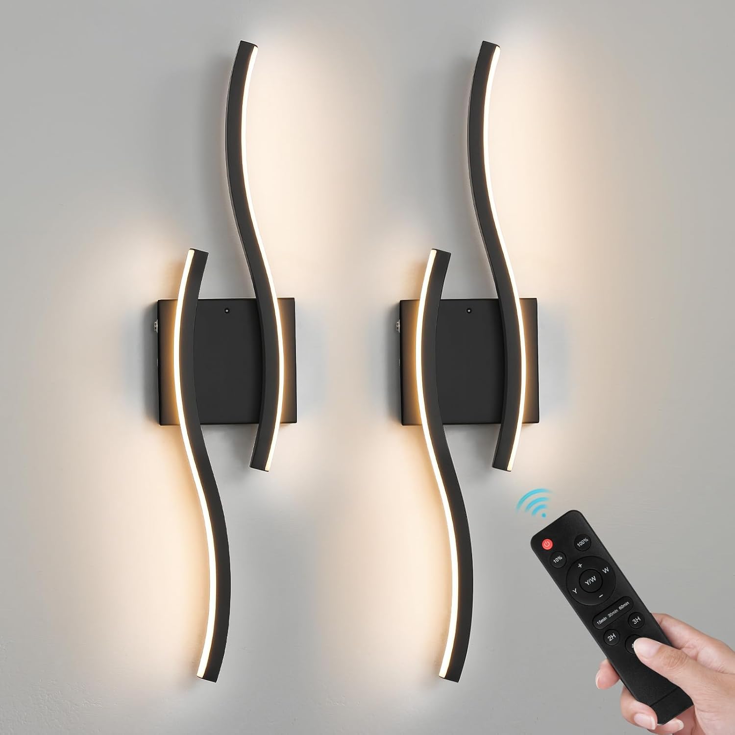 Black Battery Operated Wall Sconces: 23.6 Inch Rechargeable Sconce Lighting Set of 2 with Remote /3 Colors/10-100% Dimming/Timer Modern LED Wall Light for Bedroom Living Room Hallway Bathroom, 2 Pcs