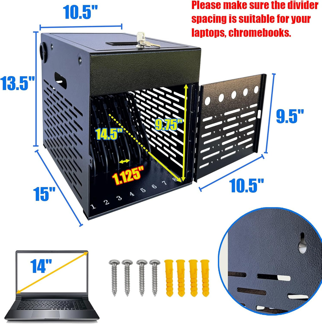 8-Device Tablet & Laptop Charging Station, Lockable Steel Charging Cabinet for Chromebooks, iPads & Devices Up to 14", Multi-Device Storage Organizer for Classroom, Office & Library, Black