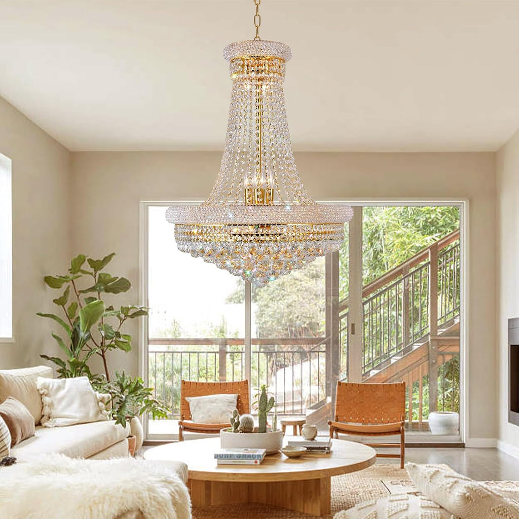 24'' Gold Crystal Chandelier Lighting, 13-Light Modern Gold French Empire Foyer Chandelier, Crystal Raindrop Hanging Pendant Light Fixture for Dining Living Room Bedroom Kitchen Shop