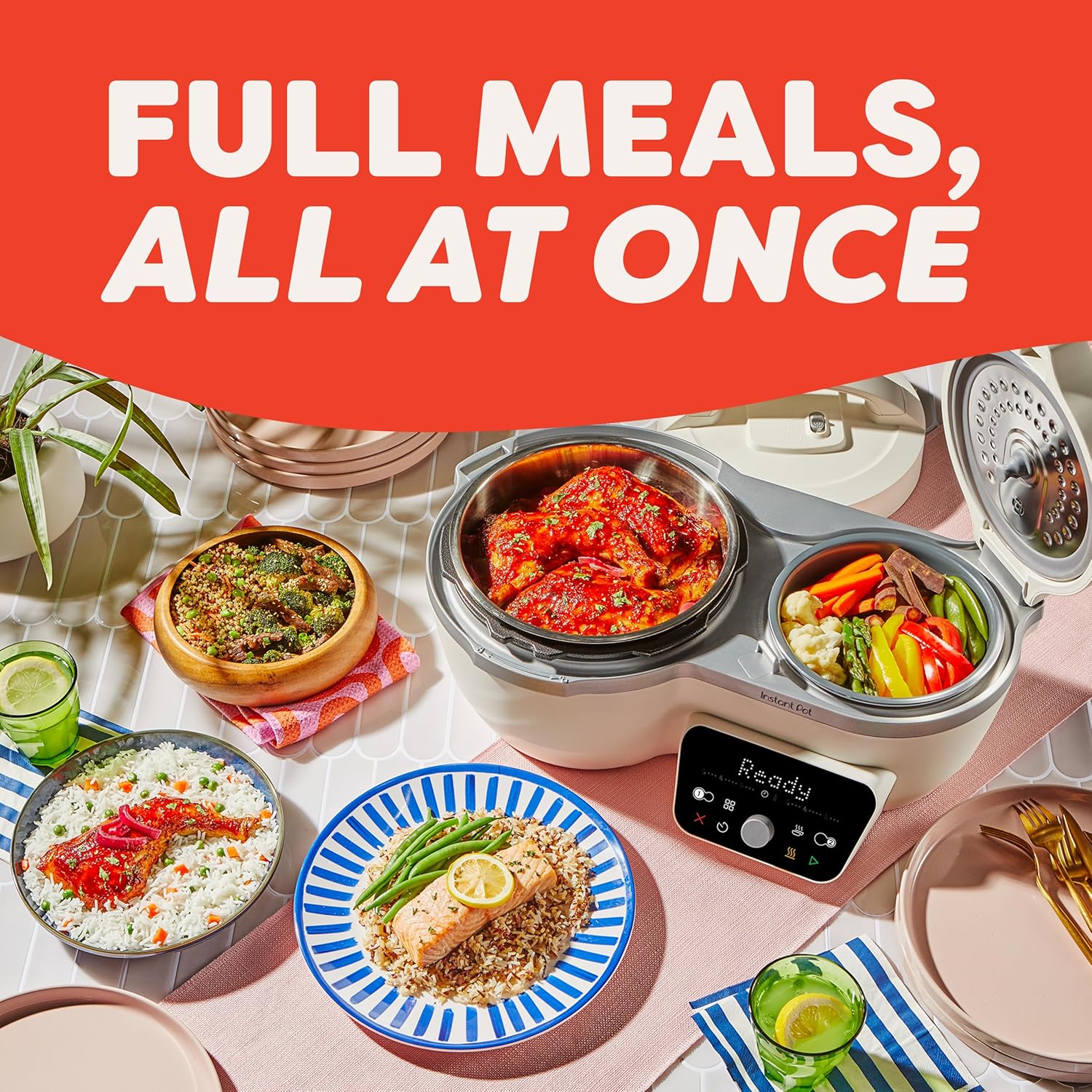 Instant Pot Dual Action 8‑in‑1 Multi-Cooker with Serve Together™ Smart Timing, 4Qt Pressure Cooker & 2Qt Rice Cooker, Cook Mains & Sides Together, Fast Cooking, PFAS-Free Pot*, Sauté, Slow Cook & More
