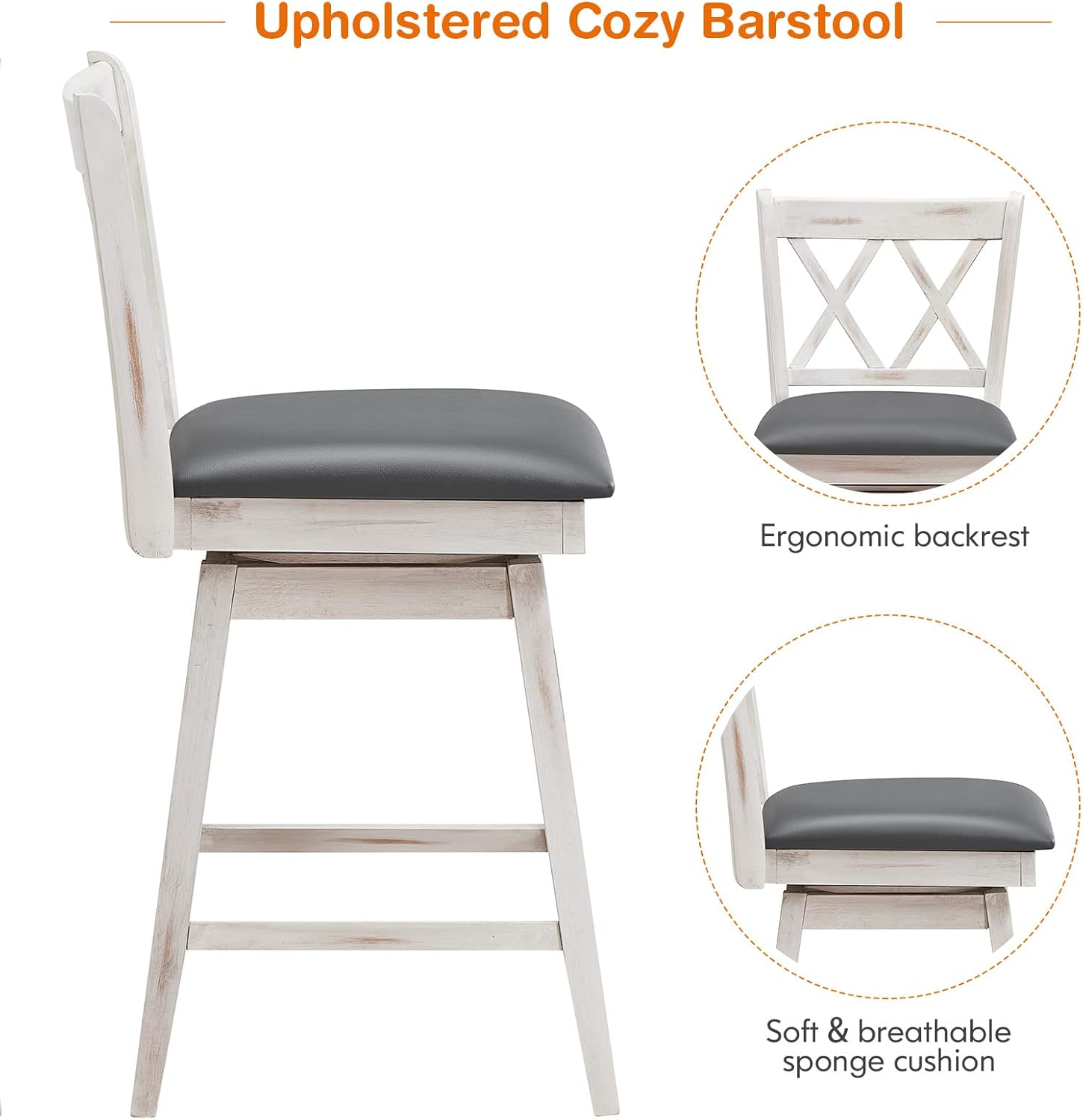 COSTWAY Bar Stool Set of 4, 360 ° Swivel Counter Height 25inch Bar Stool with Foot Rest Upholstered Cushion & Ergonomic Backrest, Sturdy Frame, for Pub, Kitchen Islands (4, Antique White + Grey)