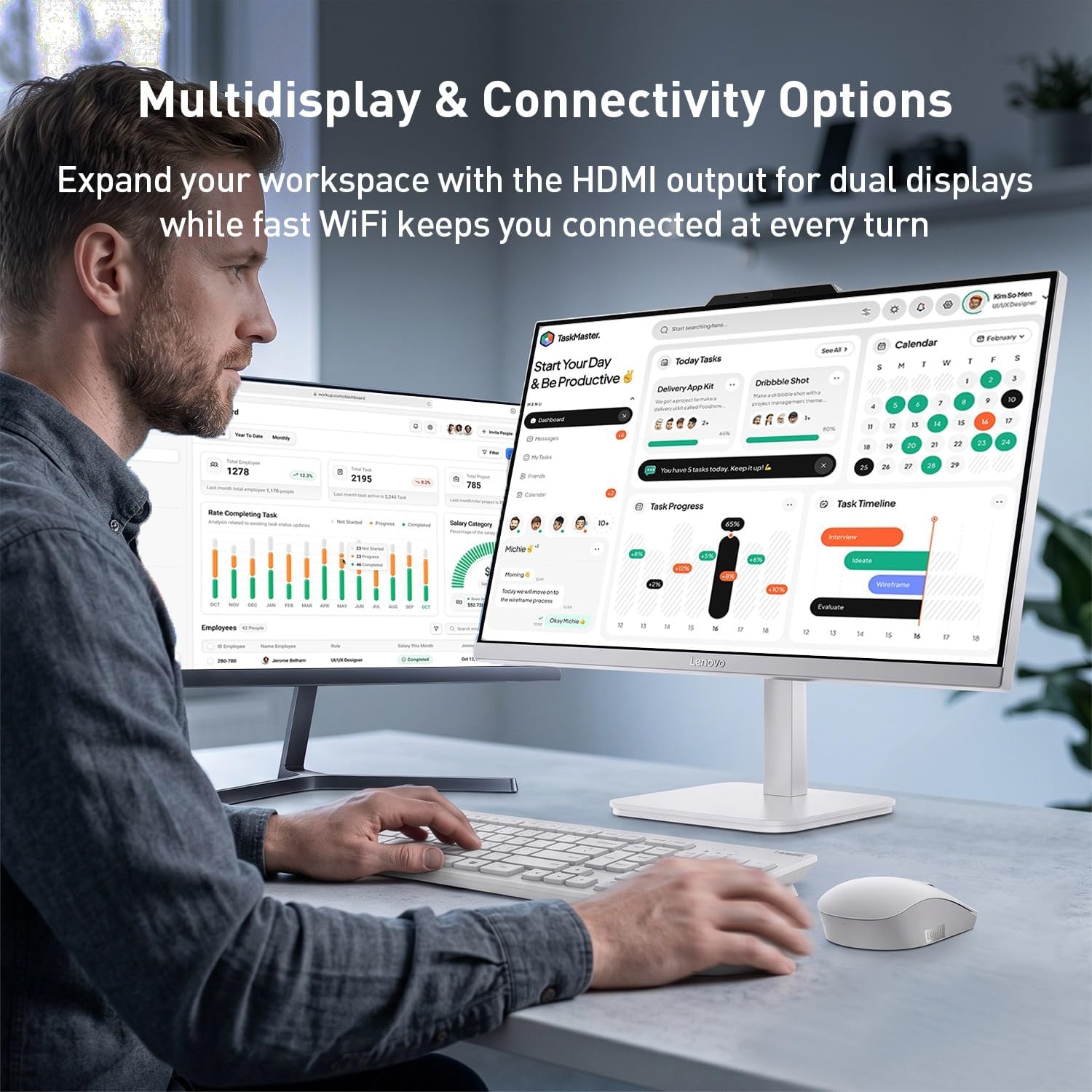Lenovo A100 24" IPS FHD All in One Desktop Computer, Intel 8-core CPU, 8GB RAM, 512GB SSD Storage, Wireless Keyboard & Mouse Included, Support Dual-Display, HDMI, Windows 11, Cloud Grey