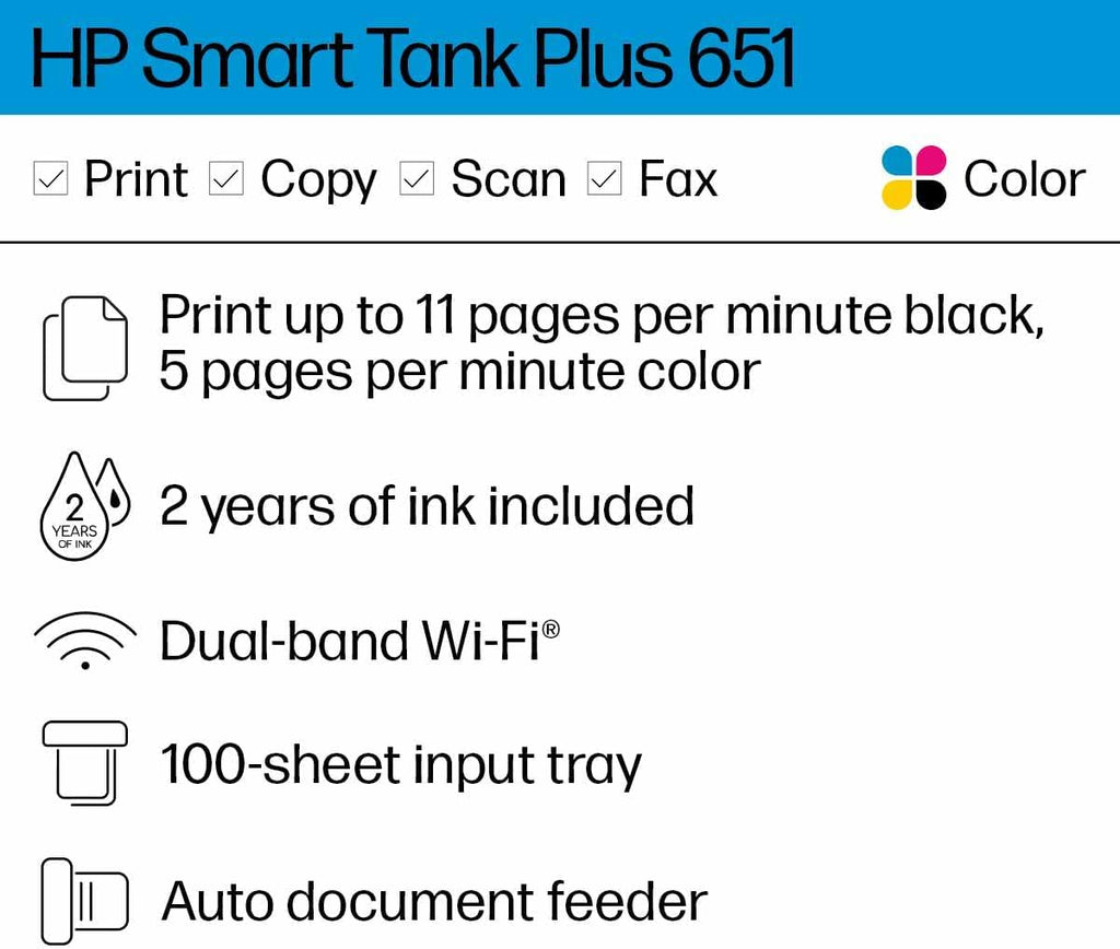 HP Smart Tank Plus 651 Wireless All-in-One Printer, Ink Tank Printer-for-Home Use, 2 Years of Ink Included Auto Document Feeder, Mobile Print, Scan, Copy, Fax, an EcoTank Alternative (7XV38A)