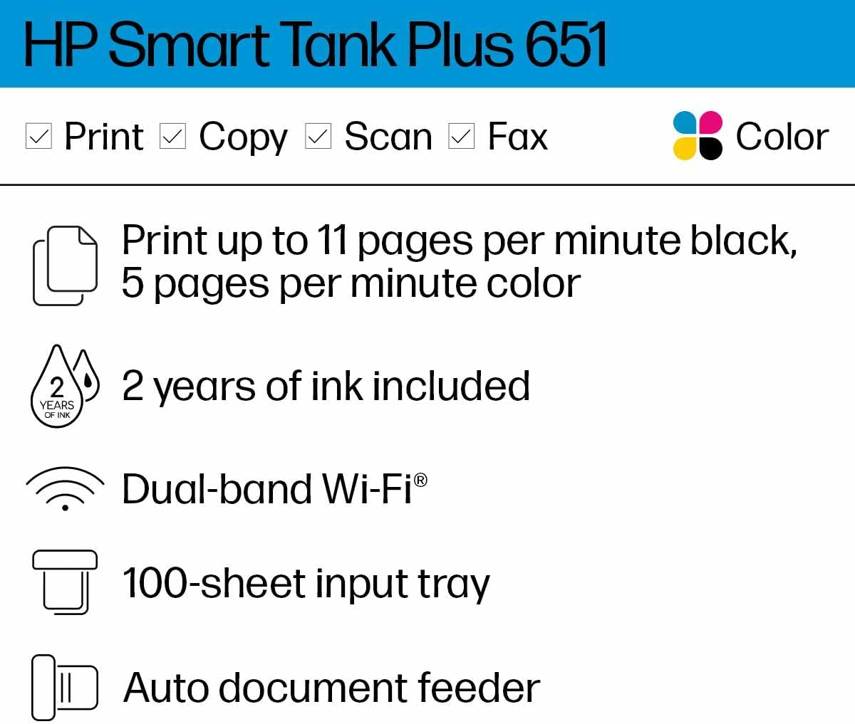 HP Smart Tank Plus 651 Wireless All-in-One Printer, Ink Tank Printer-for-Home Use, 2 Years of Ink Included Auto Document Feeder, Mobile Print, Scan, Copy, Fax, an EcoTank Alternative (7XV38A)