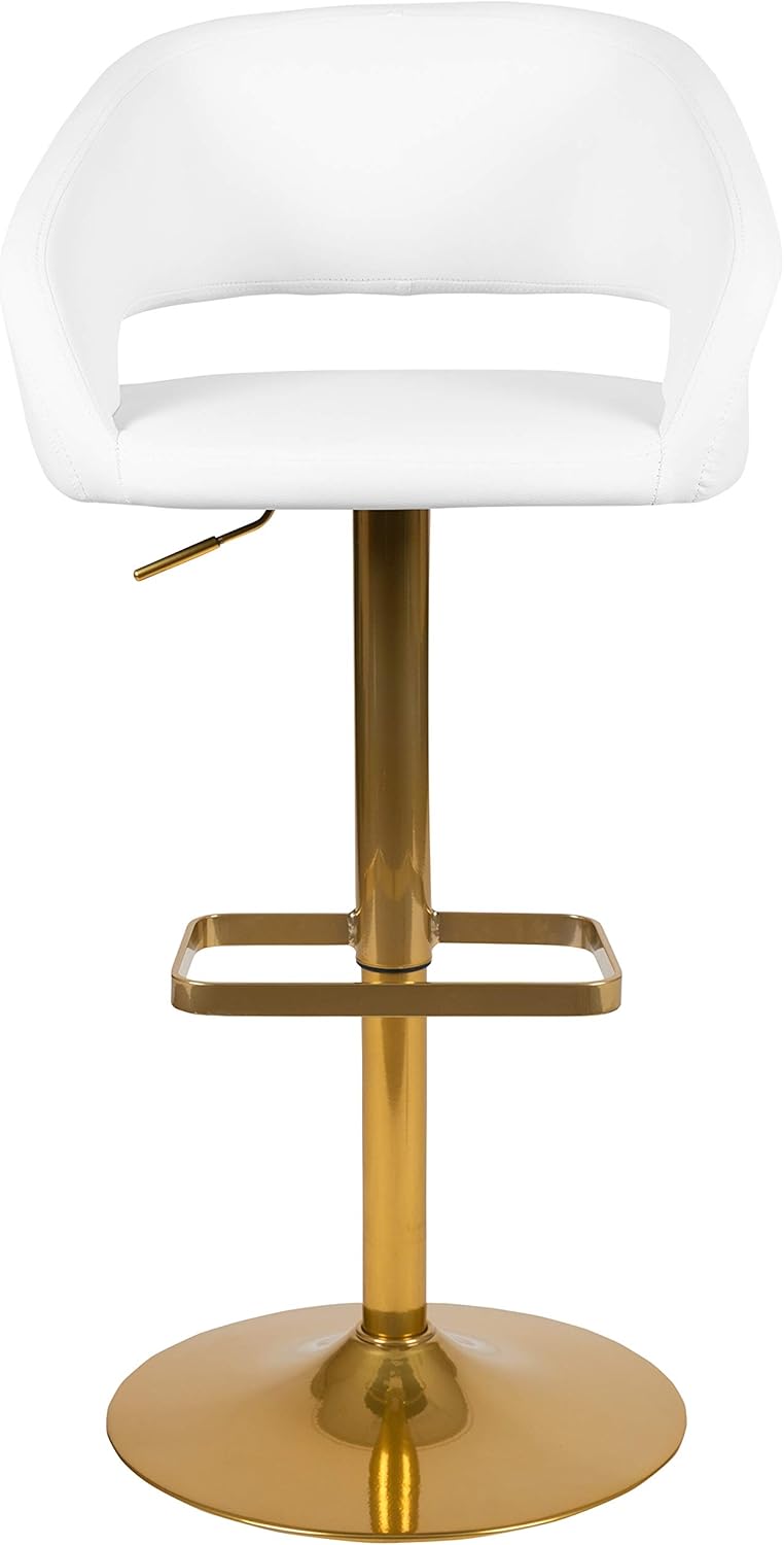 Flash Furniture Erik Contemporary Adjustable Height Barstool with Footrest and Rounded Mid-Back, Upholstered Bar or Counter Height Stool, White/Gold