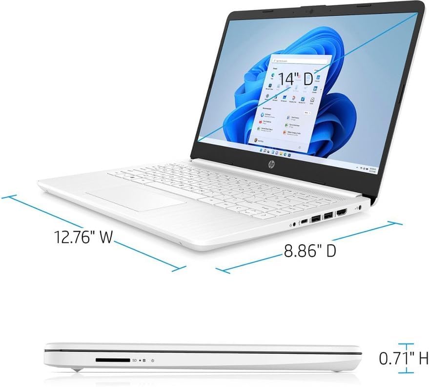 HP 14" Business & Student Laptop with 1-Year Microsoft Office 365, 4-Cores Intel Processor, 320GB Storage (64GB SSD+256GB SD Card), 8GB RAM, Windows 11, PLUSERA Earphones, Snowflake