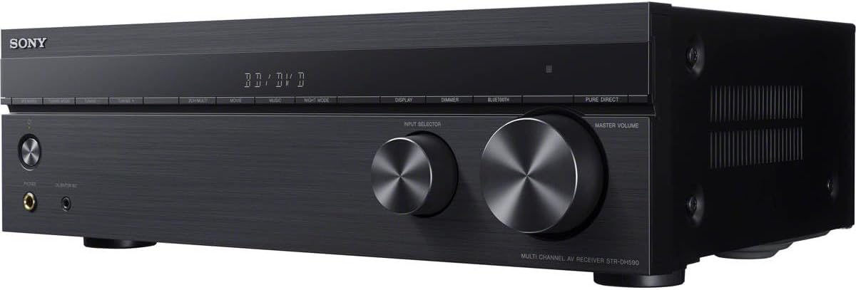 Sony STRDH590 5.2 Channel Surround Sound Home Theater Receiver: 4K HDR AV Receiver with Bluetooth, Black Bundle + H&A HDMI Cable & 100Ft 16 AWG Wire Cable + 6 Pairs Speaker Connector Banana Plugs