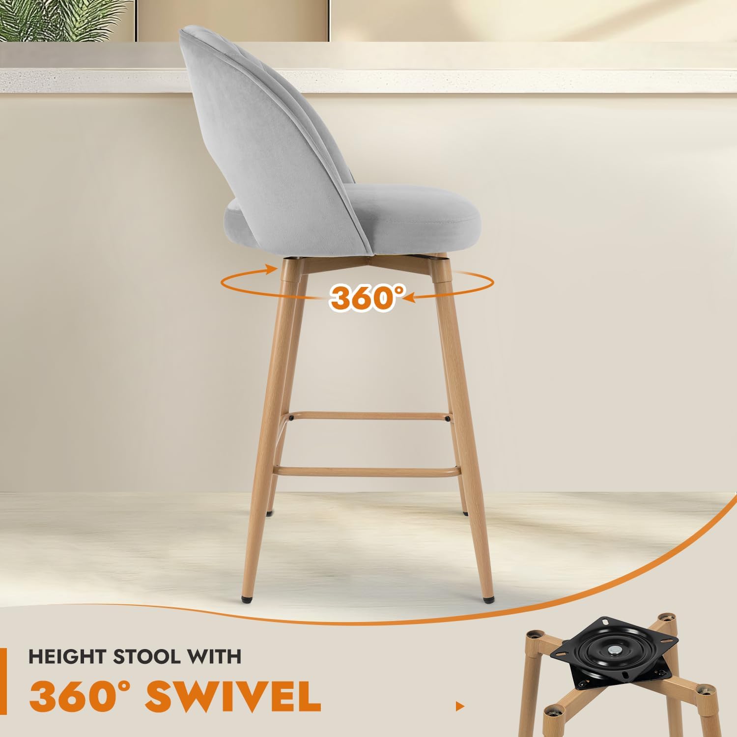 Swivel Bar Stools Set of 3, Counter Height Barstools for Kitchen Island, 26" Seat Height Bar Chairs for Dining Room, Velvet Upholstered Bar Stool with Back and Footrest, Gray
