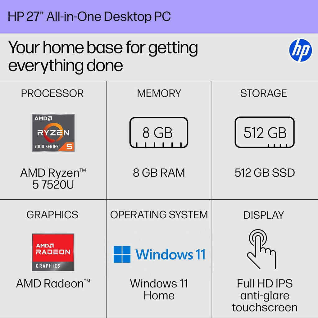 HP 27 inch All-in-One Desktop PC, FHD Touchscreen, AMD Ryzen 5 7520U, 8 GB RAM, 512 GB SSD, AMD Radeon Graphics, Windows 11 Home, Shell White, 27- cr0160 (2025)
