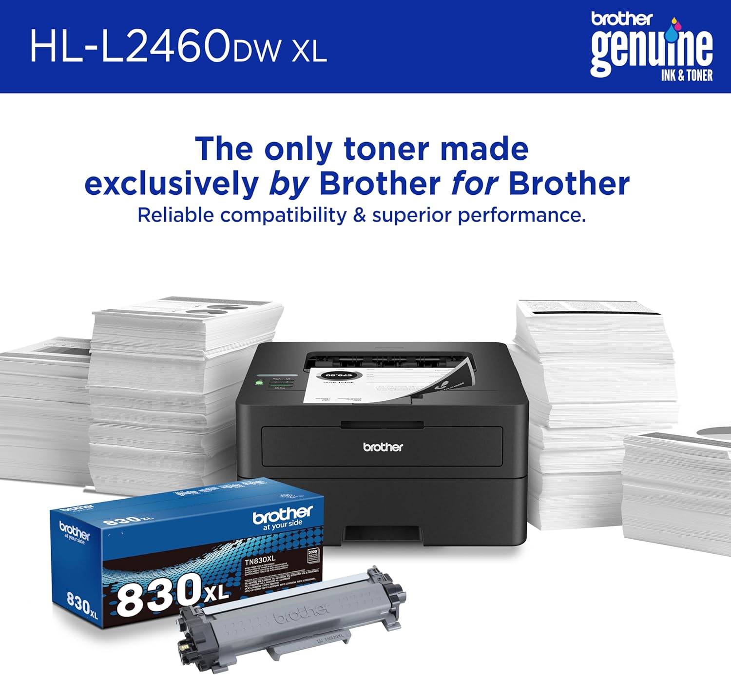 Brother HL-L2460DWW XL Wireless Compact Monochrome Printer with Duplex Copy & Scan, Fax, Black & White | Up to 4,200 Pages of Toner Included(1), Works with Alexa