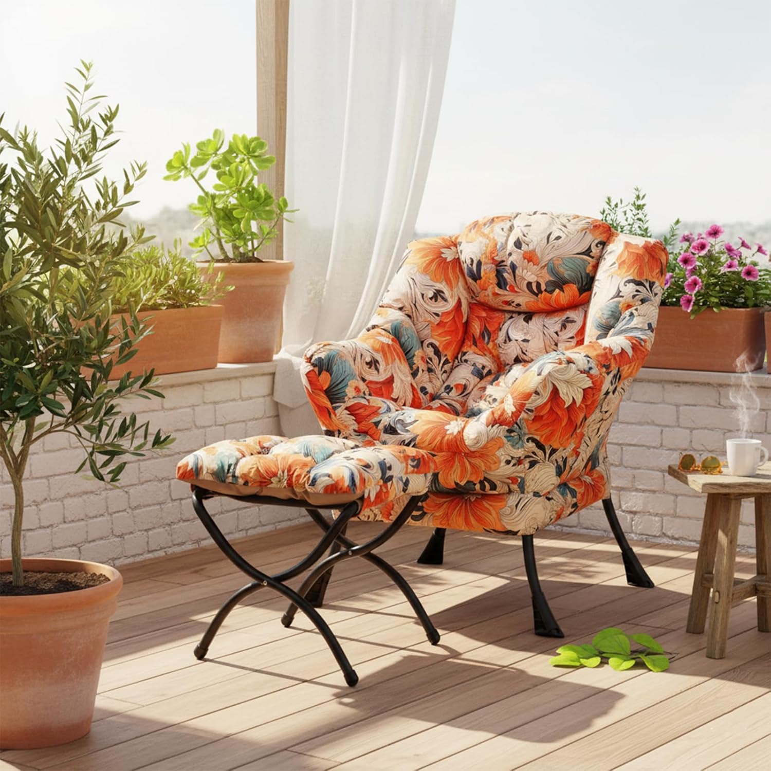 Welnow Lazy Chair with Ottoman, Modern Accent Chair with Armrests and a Side Pocket, Leisure Sofa Armchair Set, Reading Armchair with Footrest for Small Space, Orange Blue