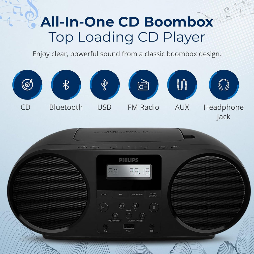 Philips Portable CD Player Boombox with Bluetooth, FM Radio, Dynamic Bass Boost Speakers, USB/Headphone Jack/Aux Input, All-in-One Compact Stereo Sound CD Player for Home, CD-RW/MP3 Playback