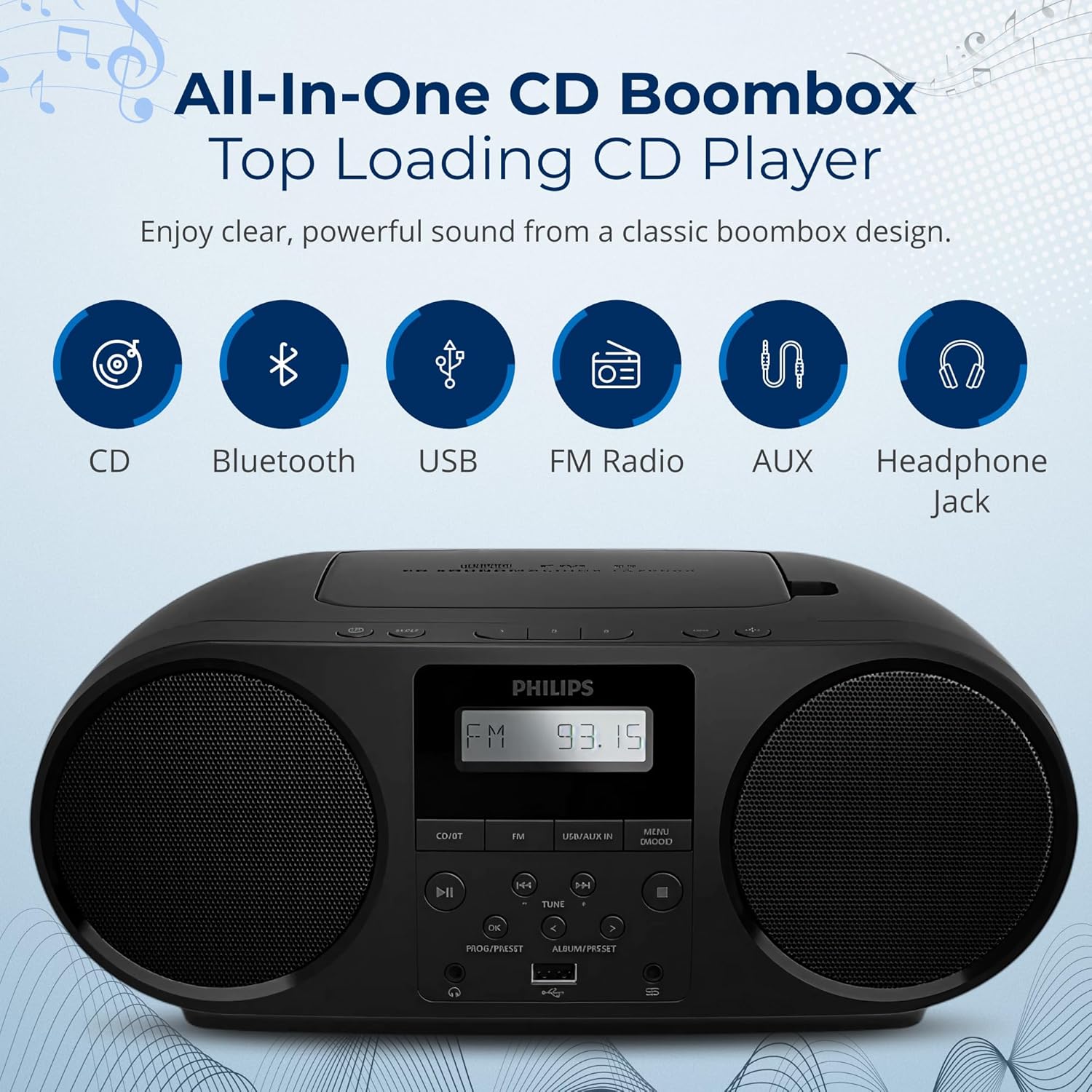 Philips Portable CD Player Boombox with Bluetooth, FM Radio, Dynamic Bass Boost Speakers, USB/Headphone Jack/Aux Input, All-in-One Compact Stereo Sound CD Player for Home, CD-RW/MP3 Playback