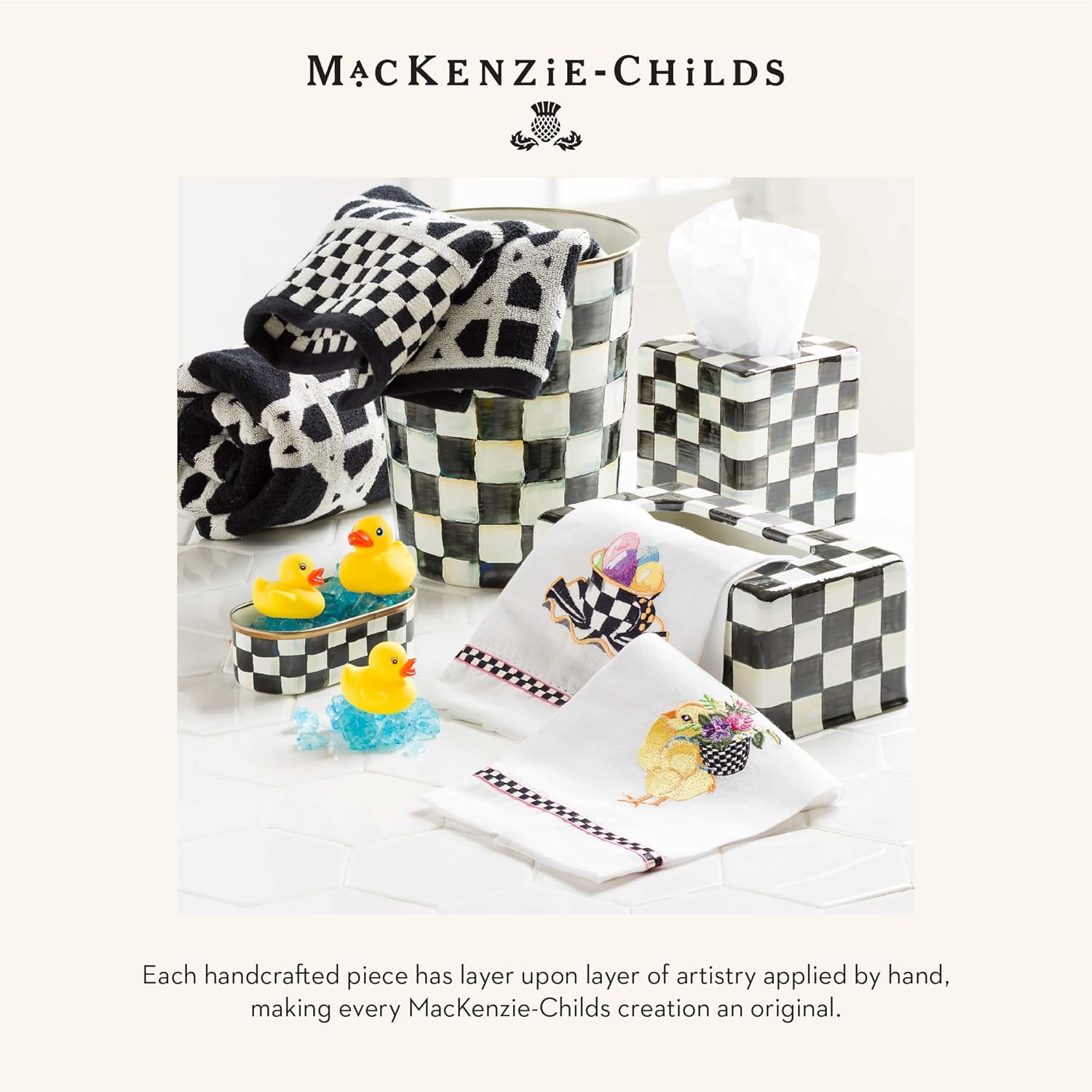 MACKENZIE-CHILDS Fabric Shower Curtain, Decorative Bathroom Shower Curtain with Eyelet Hang Holes, 72 Inches by 72 Inches, Black-and-White Courtly Check