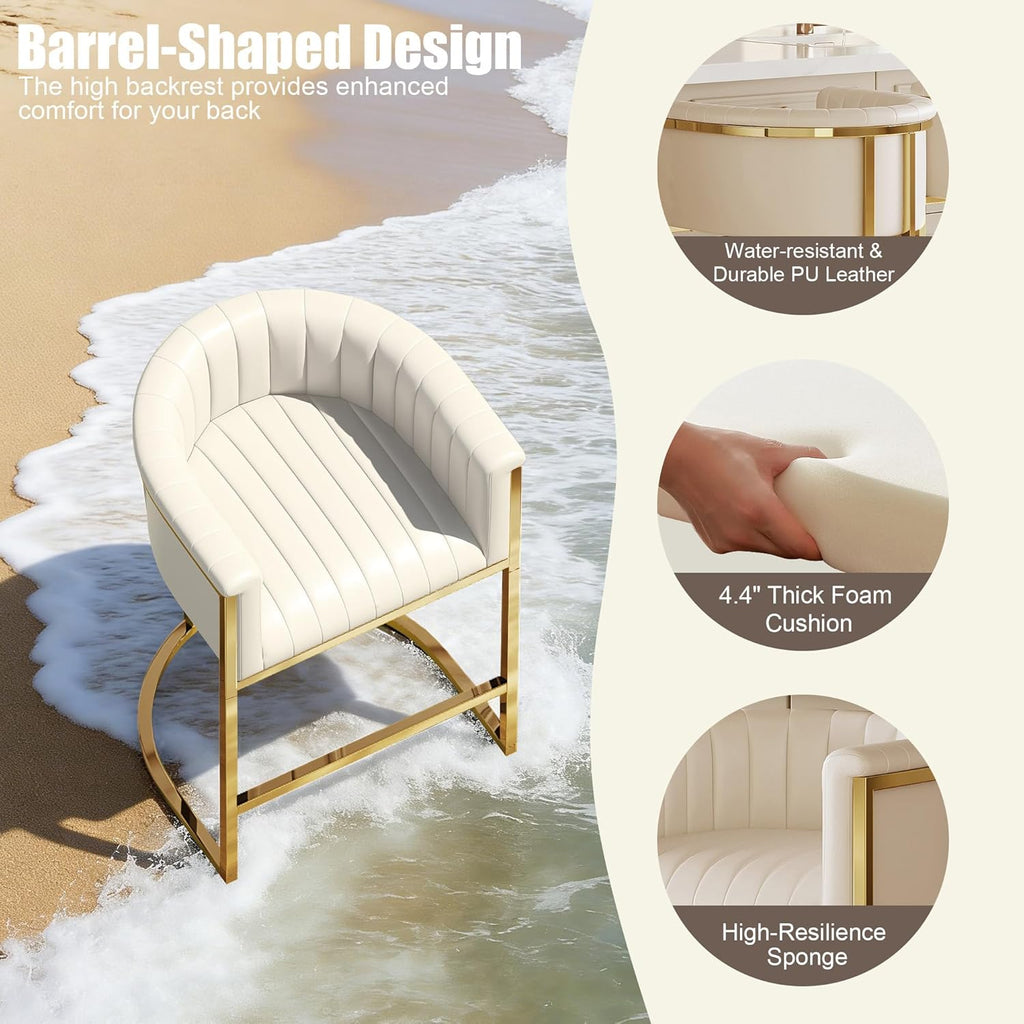 26" H Counter Height Bar Stools Set of 3, Modern Barrel Counter Stools with Backrest and Arms, Faux Leather Upholstered Barstools for Kitchen Island, Gold Stainless Steel Frame/Beige
