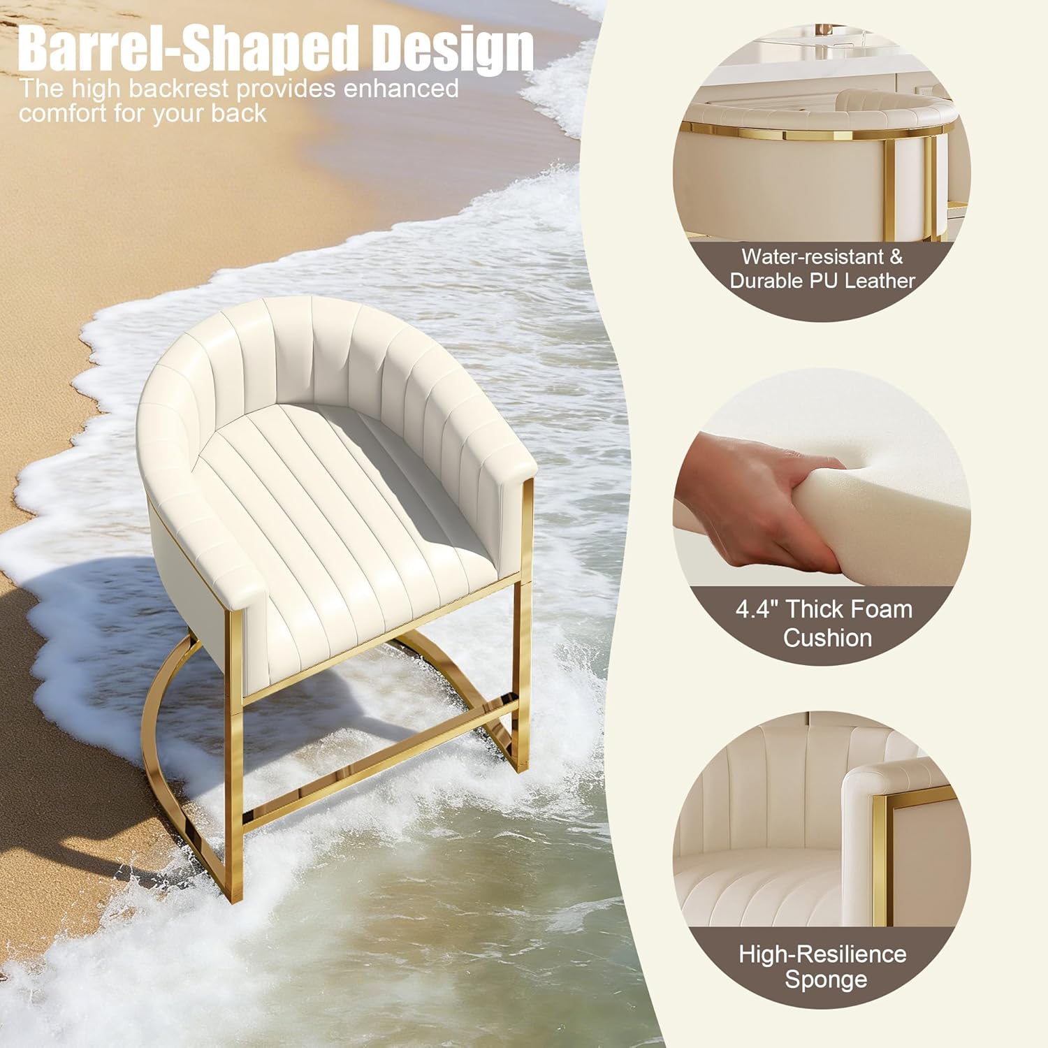 26" H Counter Height Bar Stools Set of 3, Modern Barrel Counter Stools with Backrest and Arms, Faux Leather Upholstered Barstools for Kitchen Island, Gold Stainless Steel Frame/Beige