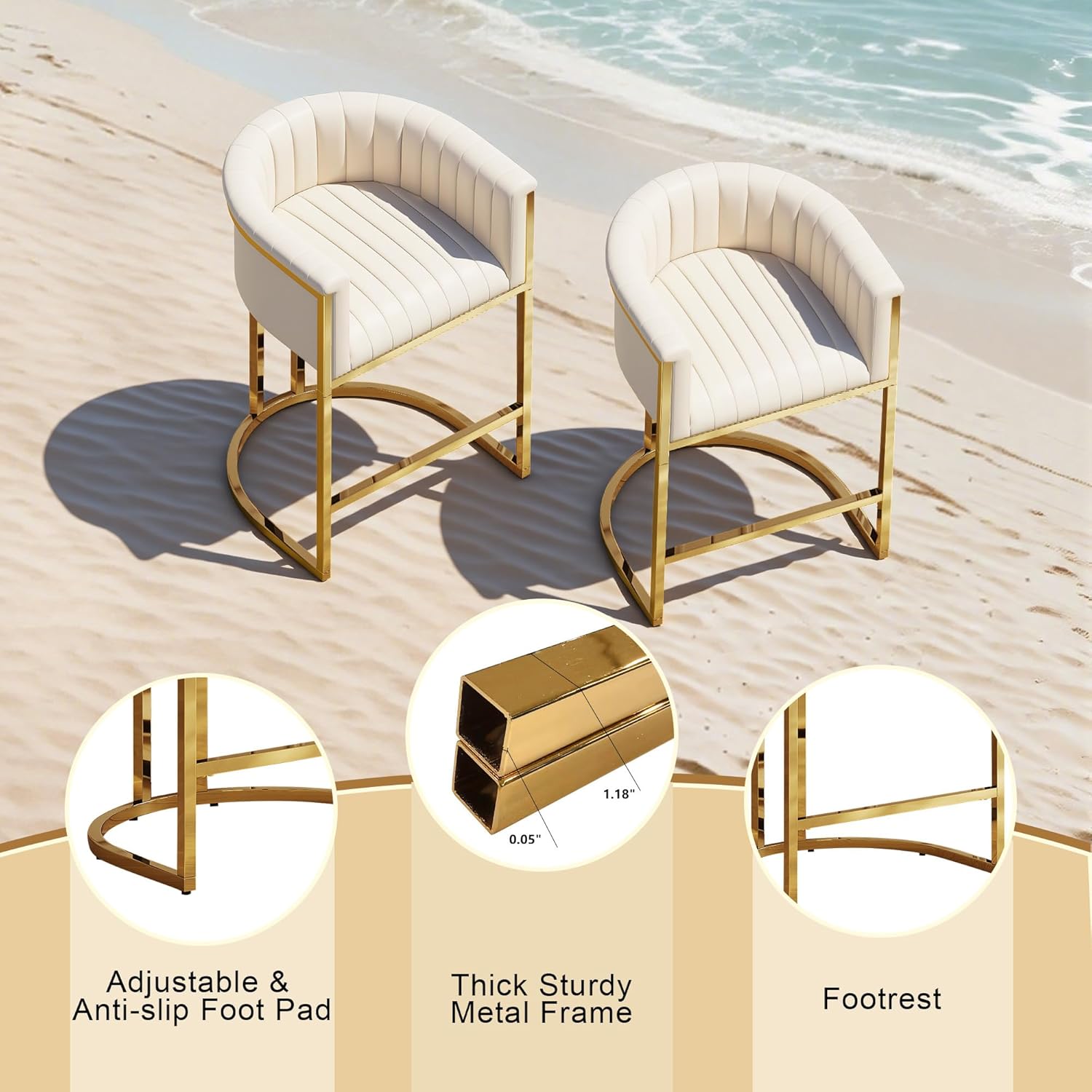 26" H Counter Height Bar Stools Set of 3, Modern Barrel Counter Stools with Backrest and Arms, Faux Leather Upholstered Barstools for Kitchen Island, Gold Stainless Steel Frame/Beige