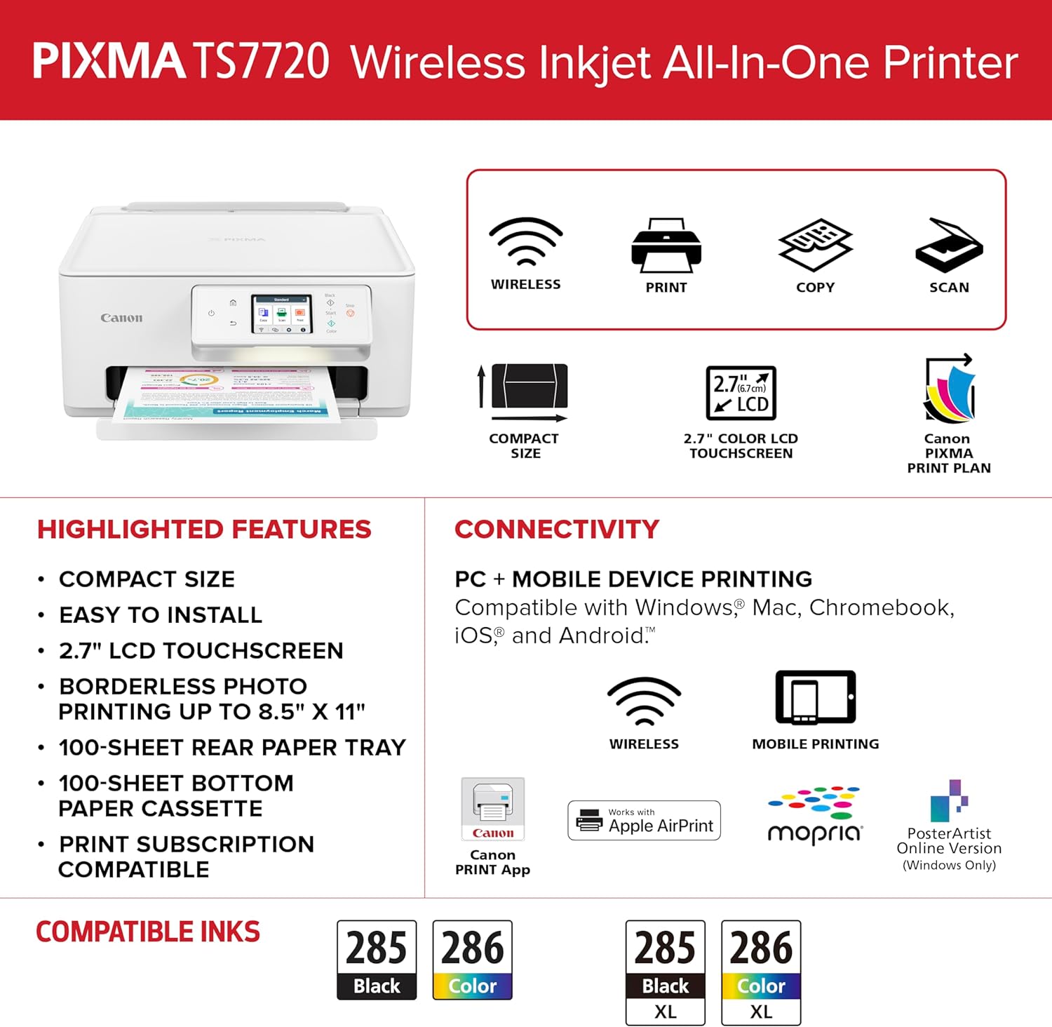 Canon PIXMA TS7720 Wireless All-in-One Color Inkjet Printer – Print, Copy, Scan – Auto Duplex, 15/10 PPM, 2.7” Touchscreen, Compact Home Photo Printer with Easy Setup