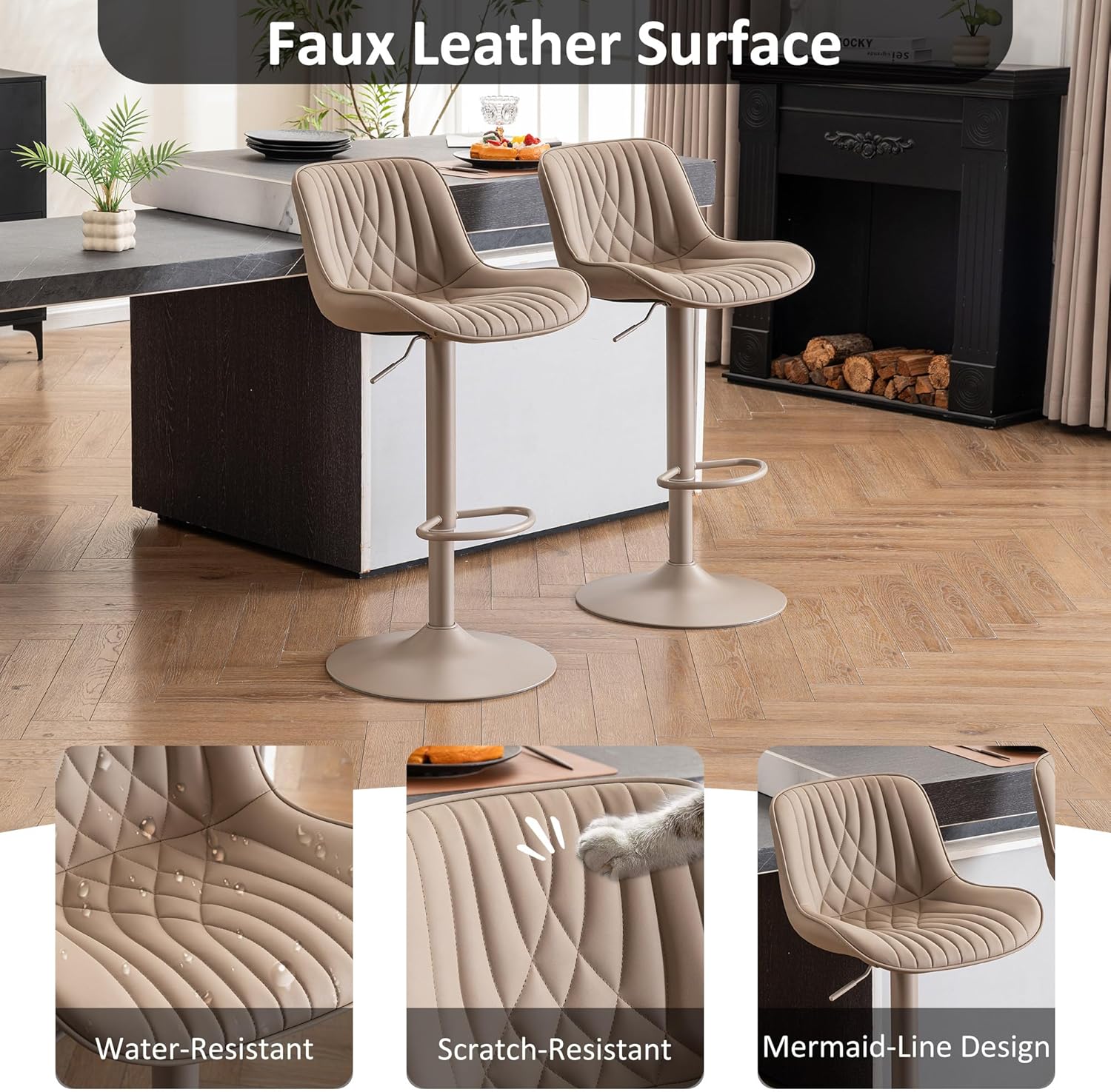 YOUTASTE Bar Stools Set of 2, Adjustable Swivel Counter Height Barstools with Back, All Khaki Faux Leather Upholstered Bar Chairs with Metal Base, Stools for Kitchen Island or Home Bar