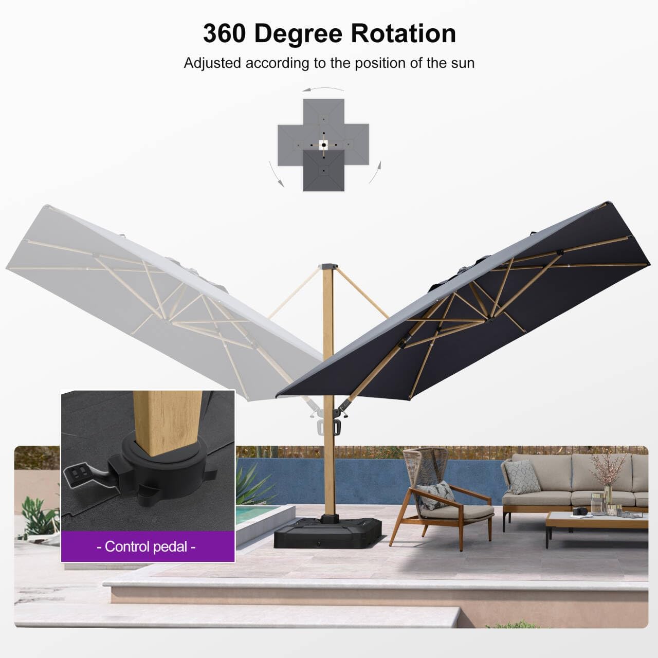 PURPLE LEAF 11FT Patio Umbrella With Base Square Cantilever Umbrella Teak Finished Aluminum Frame Large Windproof Offset Outdoor Sun Umbrellas for Beach Pool Deck, Grey