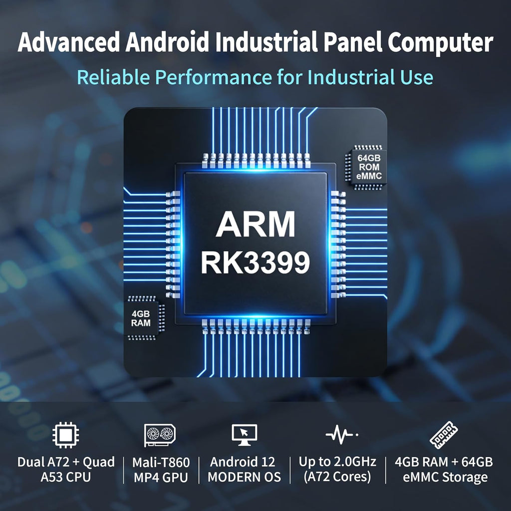 15.6" All-in-One Panel PC Industrial Computers, Android 12 Fanless Tablet RK3399 4GB RAM/64GB ROM, Embedded Touchscreen Computer HDMI 2.0 WiFi 5 Bluetooth 4.2 for Office/Automation/Kiosk/Bar/Warehouse