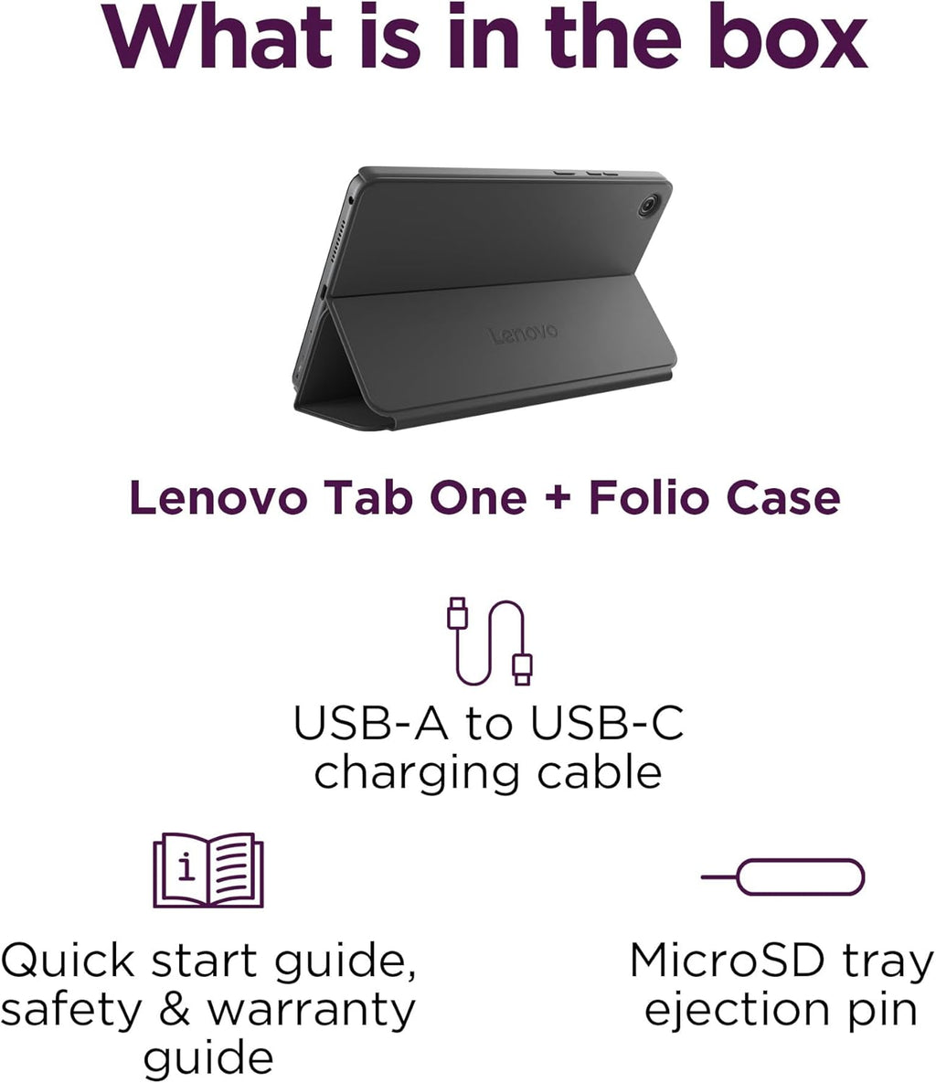 Lenovo Tab One - Lightweight Tablet - up to 12.5 Hours of YouTube Streaming - 8.7" HD Display - 4 GB Memory - 64 GB Storage - MediaTek Helio G85 - Includes Folio Case