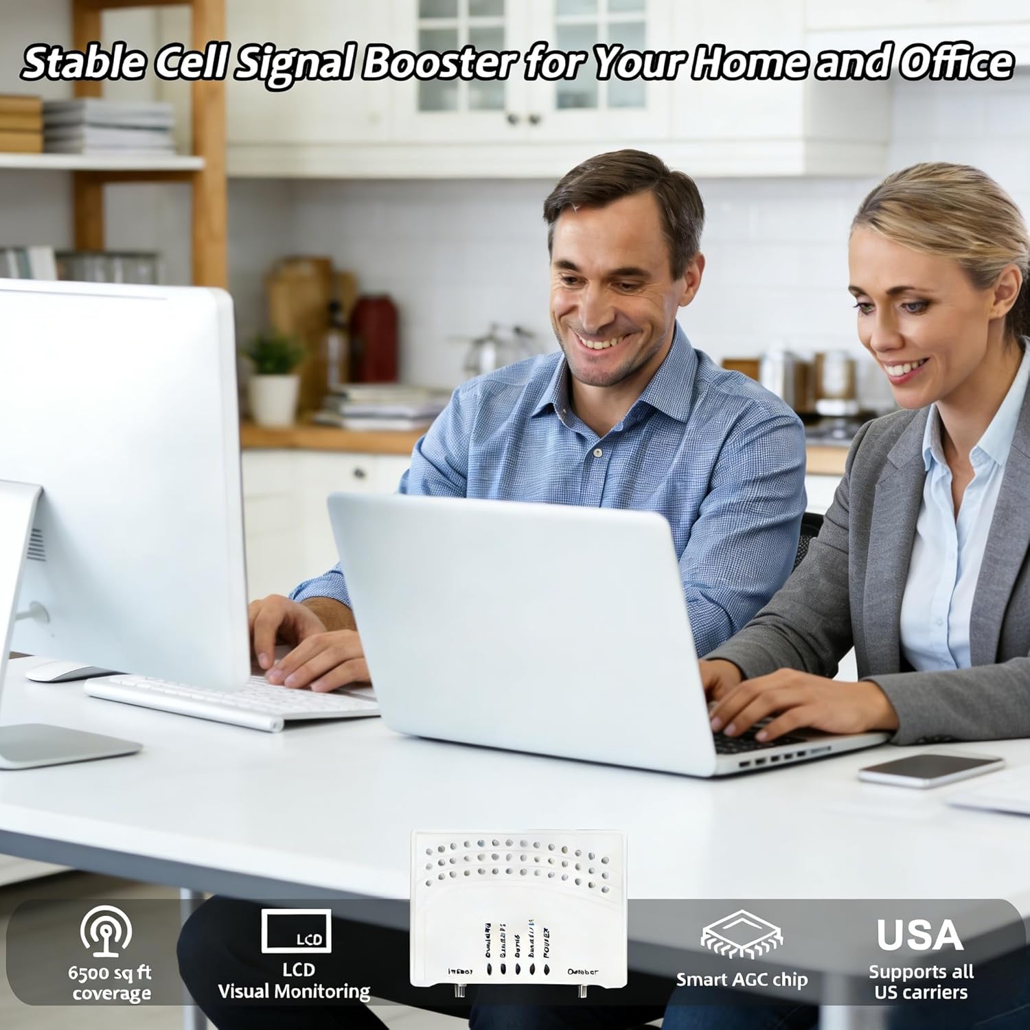 Cell Phone Booster for Home & Multi-Room, Cell Phone Signal Booster with 2 Indoor Antennas for Band 66/2/4/5/12/17/13/25,Up to 6000 Sq.Ft,Boost 4G 5G LTE Data for All U.S. Carriers, FCC Approved