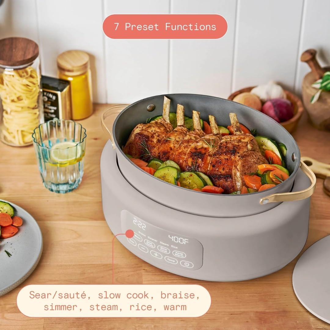 Wonderful 10-in-1 Electric Multi-Cooker 6 Qt Cast Aluminum Pot, 7 Preset Function,Oven & Dishwasher Safe to 400°F Sauté Slow Cook Steam Touch Display (Porcini Taupe)