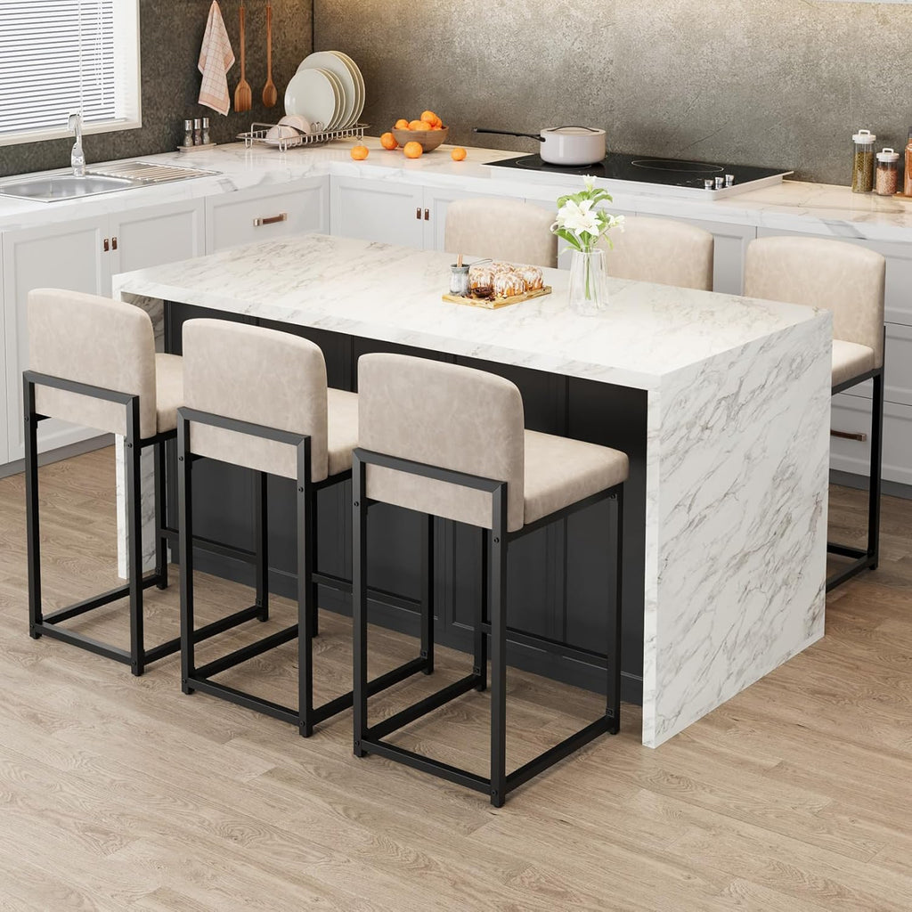 GarveeHome Bar Stools Set of 4, Modern Counter Height Bar Stools with Back and Footrest, Faux Leather Upholstered Barstools Chairs for Kitchen Island Dining Room Bar, Beige