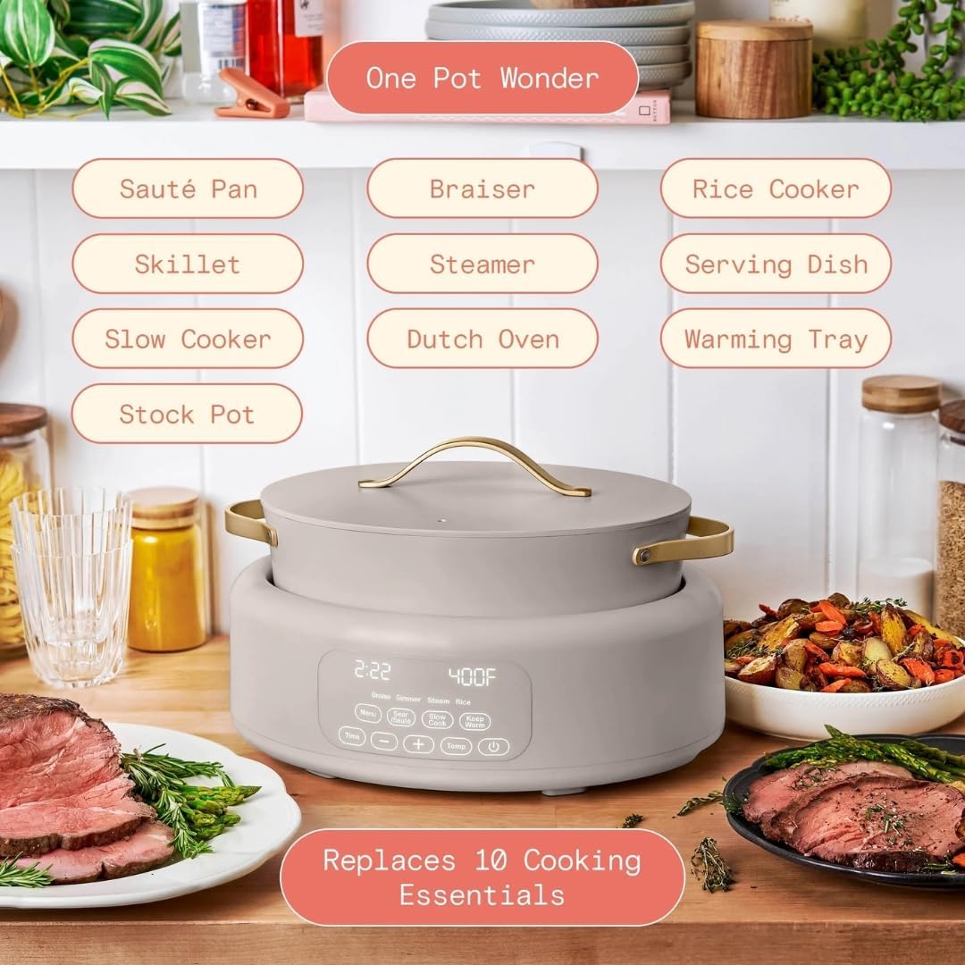 Wonderful 10-in-1 Electric Multi-Cooker 6 Qt Cast Aluminum Pot, 7 Preset Function,Oven & Dishwasher Safe to 400°F Sauté Slow Cook Steam Touch Display (Porcini Taupe)