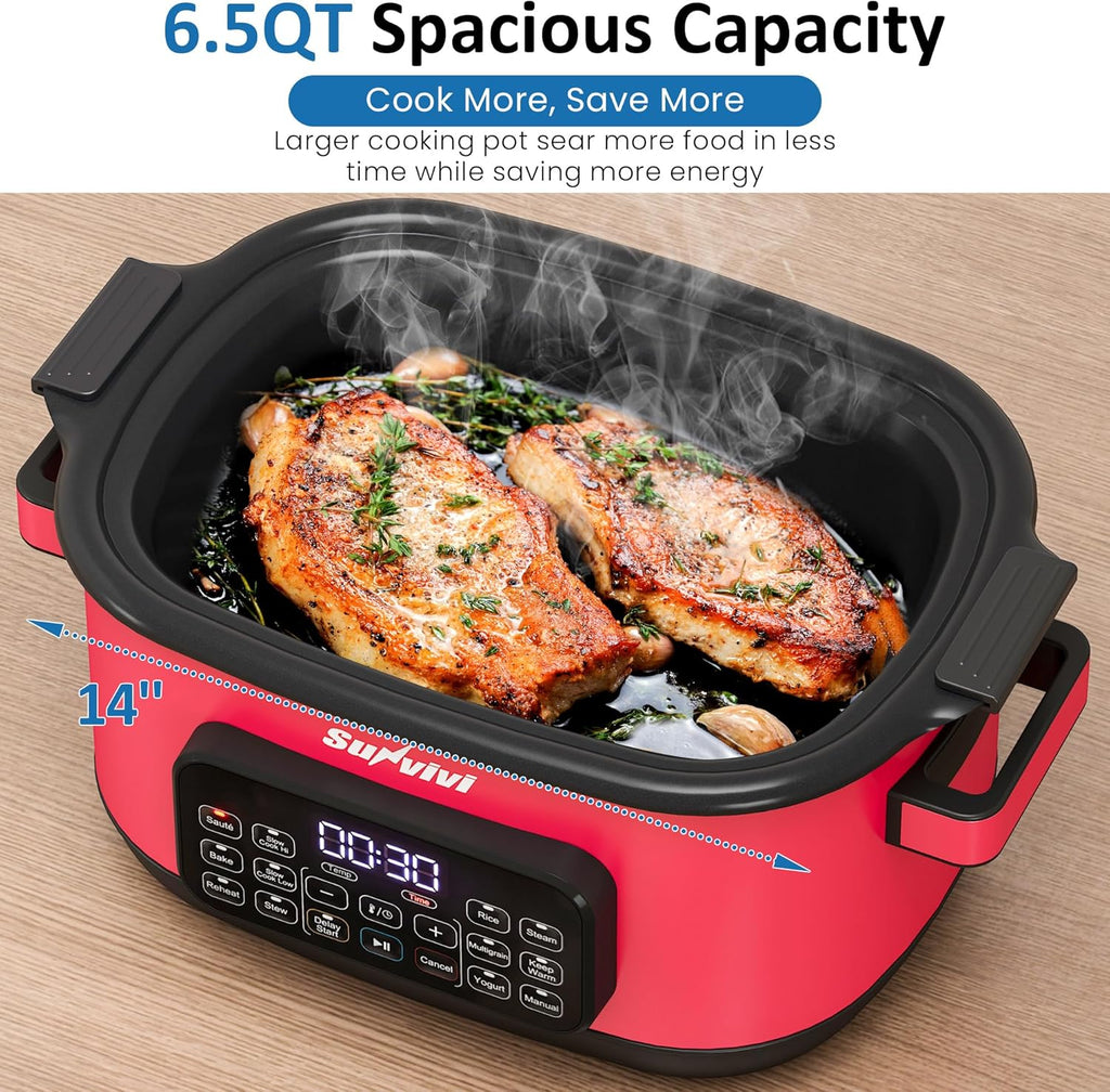 12-in-1 Multicooker, 6.5QT Slow Cooker Roaster Oven, Digital Programmable Multi Functional Pot with Timer Temp Control Delay Start Glass Lid Removable Nonstick Pot, Roast/Steam Rack, Red