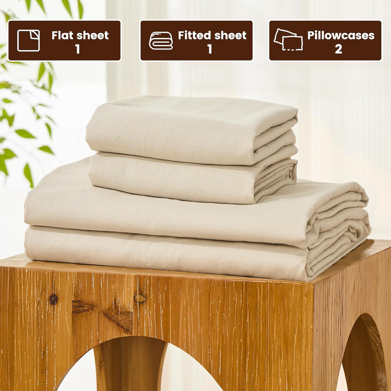 Bedlifes 100% French Pure Linen Sheets Queen Size Breathable and Cooling Flax Sheet Set Soft Durable and Moisture Wicking 16 Inch Deep Pocket-4 Piece(Queen,Linen)