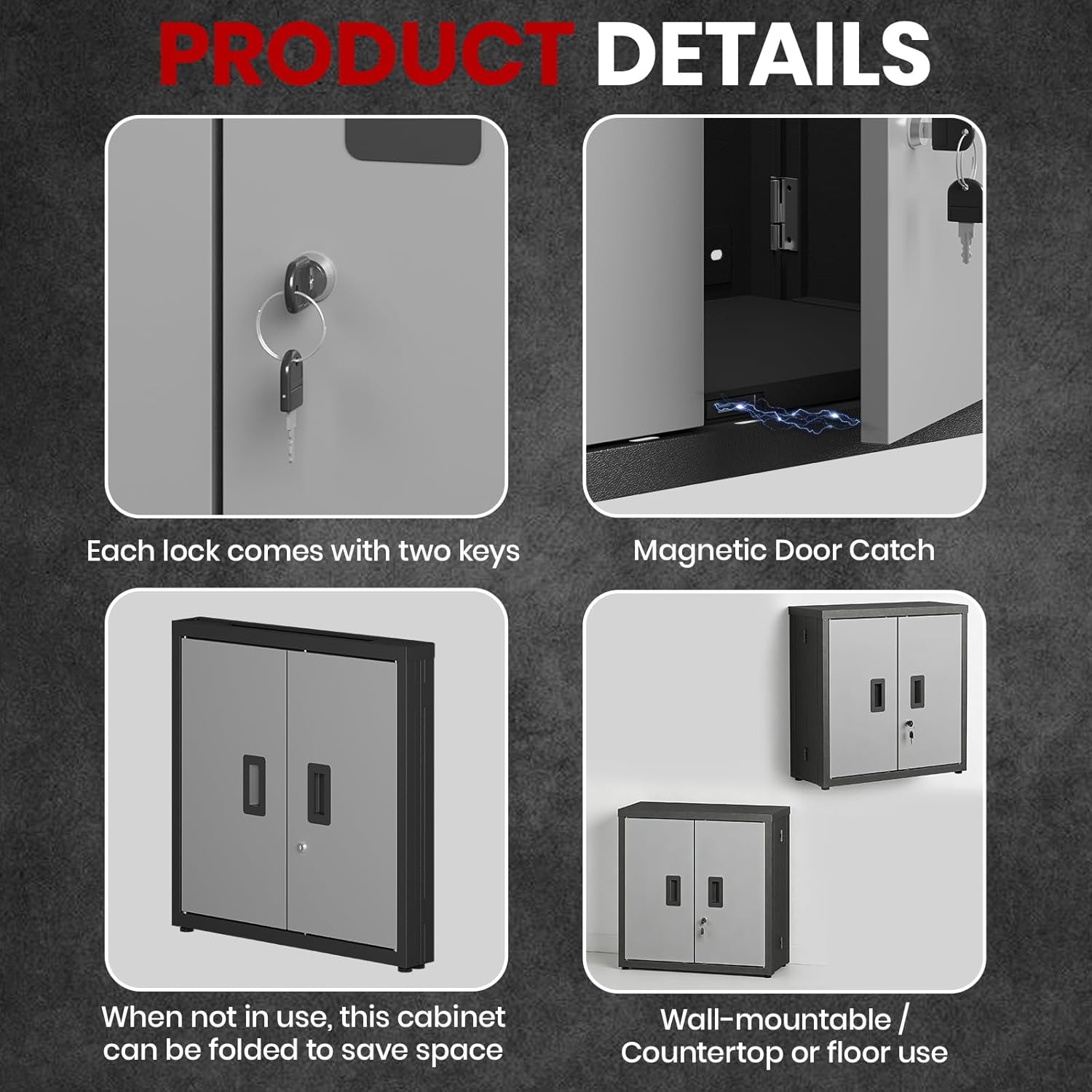 ROOMTEC Foldable Wall Mounted Garage Cabinet, Metal Storage Cabinet with Doors, Lockable Garage Storage Cabinet with Fixed Shelf, Retractable Design for Shop, Utility Room, Workshop, Black & Grey